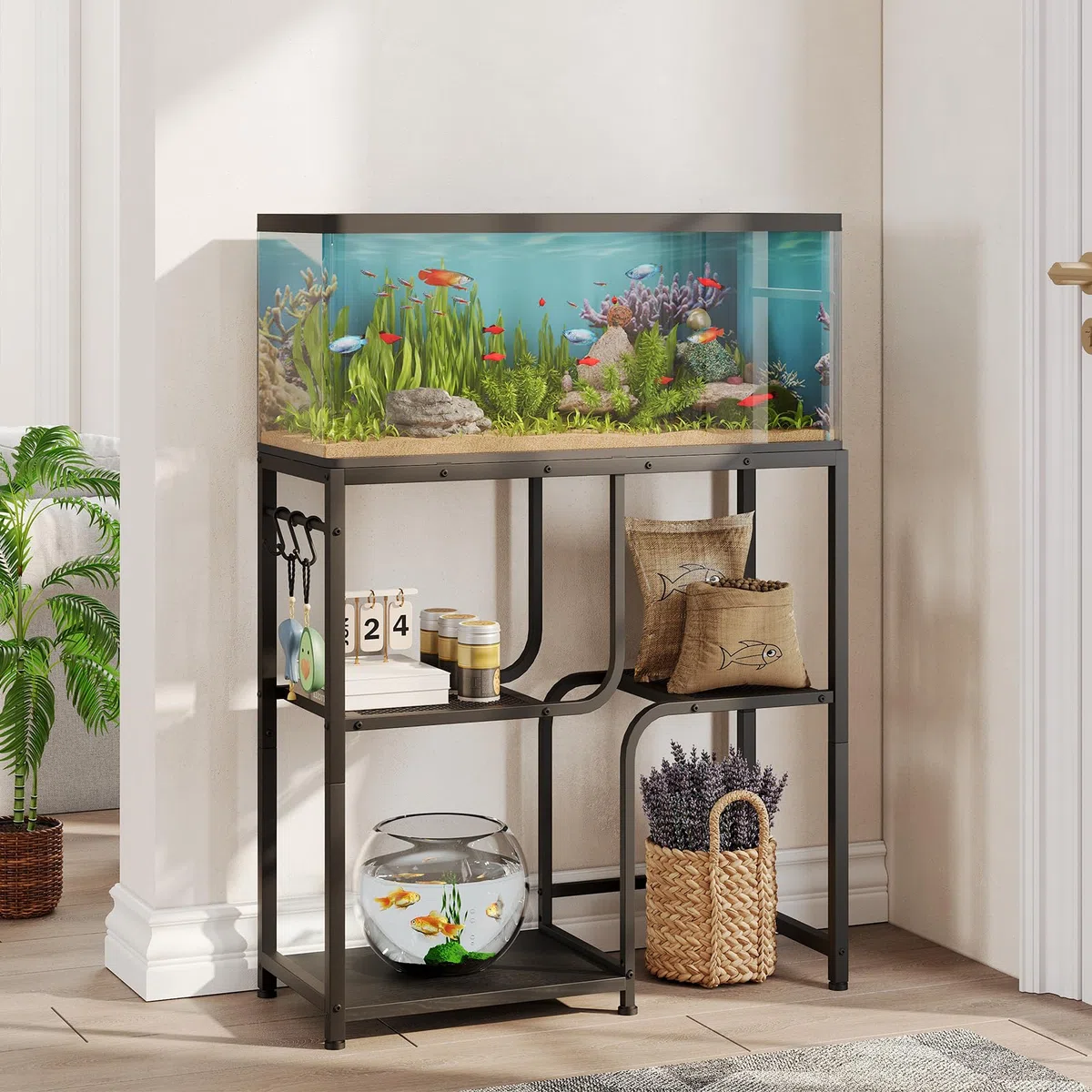 HOOBRO Soporte para Acuarios 76 litros, Base para Terrarios con Barra, 3 Ganchos, 6 Patas Ajustables, 2 Rejillas y 1 Estante, Soporte de Pecera para Sala, Recibidor o Dormitorio, Negro EBB74FT01