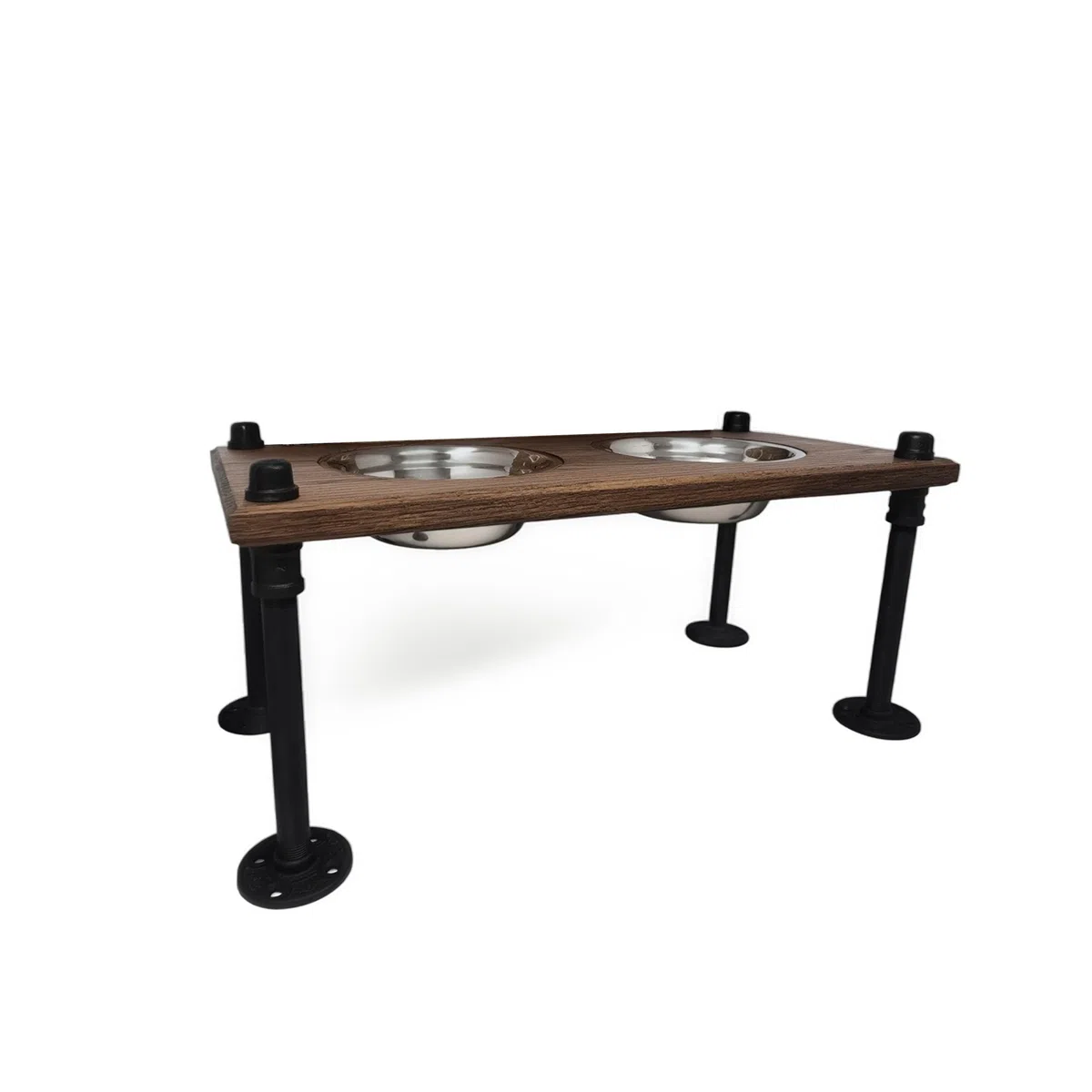 Soporte elevado para cuenco para perros con cuencos de acero inoxidable, comedero elevado para perros, madera de roble con patas de tubo industriales, acabado impermeable, hecho a mano en Estados