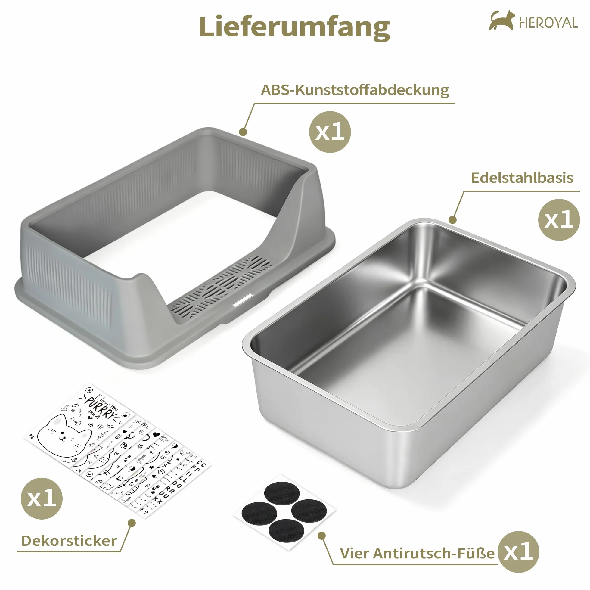 Caja de arena para gatos de acero inoxidable XXXL con adhesivo DIY (60 x 40 x 30 cm), 37 L, acero inoxidable con tapa, gran capacidad, a prueba de fugas y salpicaduras, fácil de poner y quitar, fácil