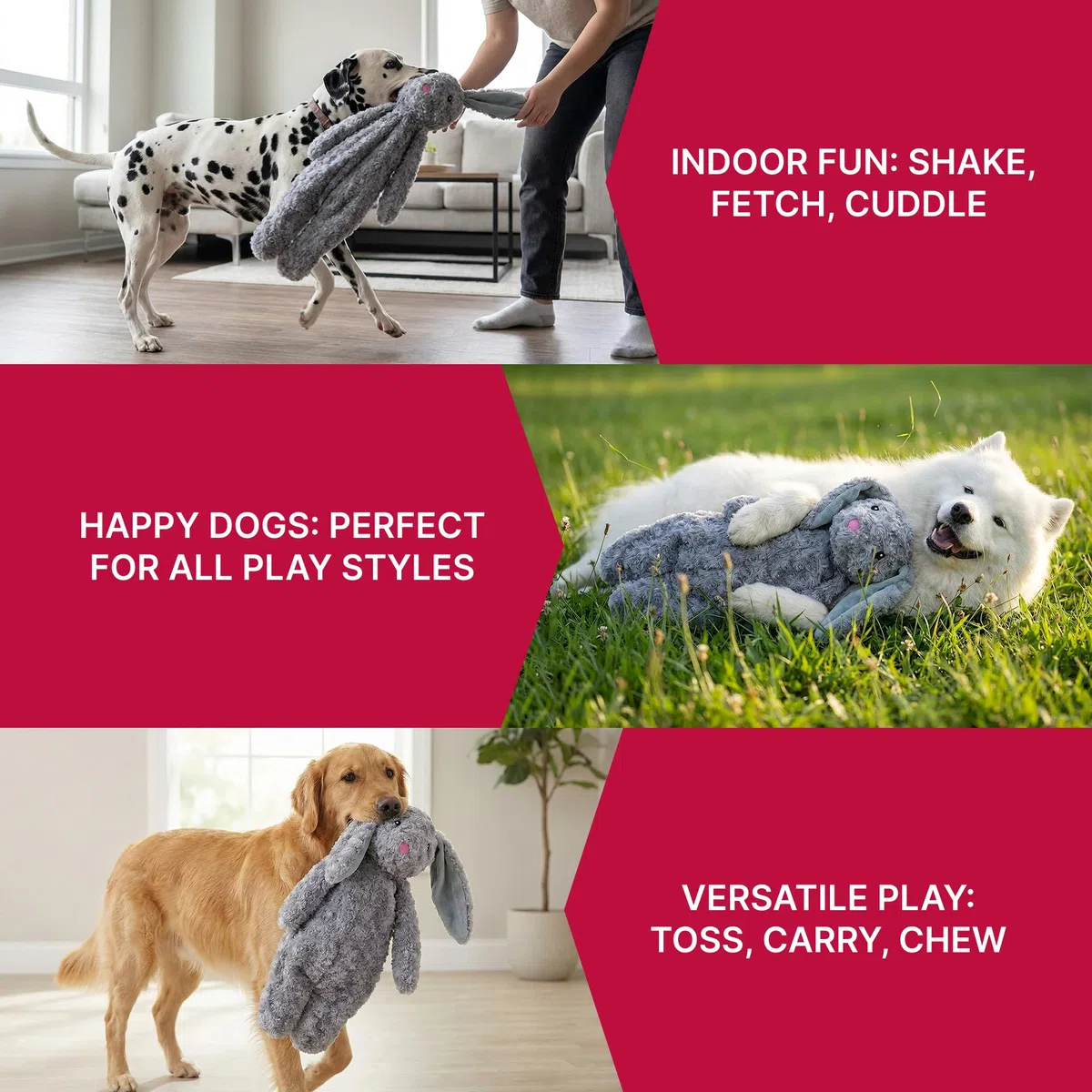 Petlou Juguetes de peluche sin relleno para perros con papel duradero para masticar perros grandes y medianos (gris, conejo floopy 2)