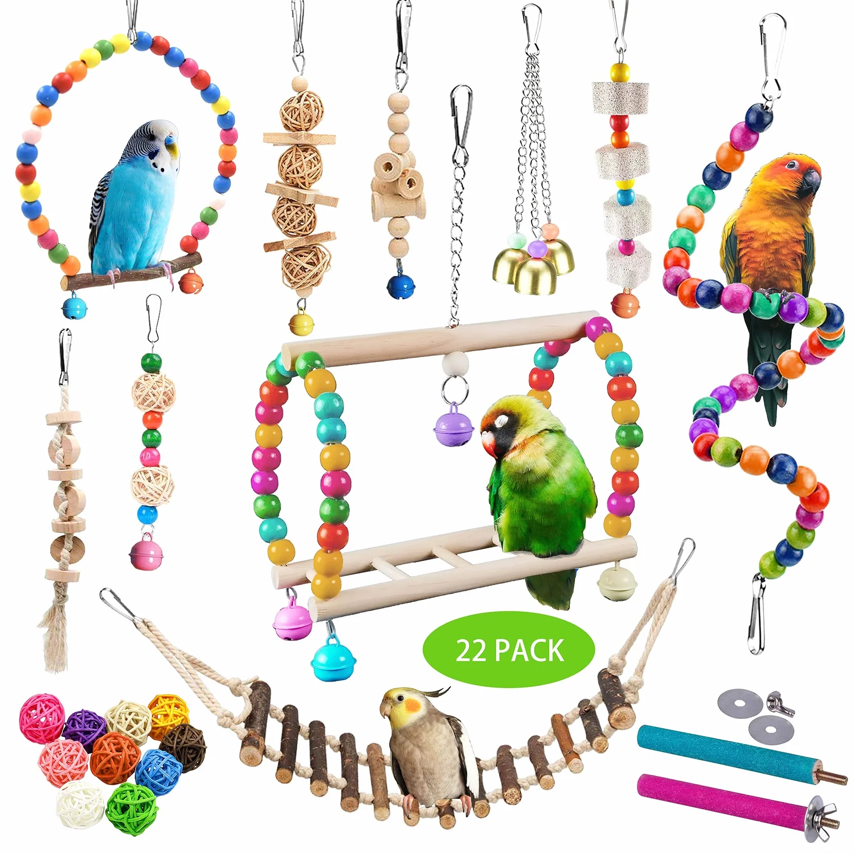 22 paquetes de juguetes para pájaros, periquitos, cacatúas, juguete colgante para masticar con campanas seguras, jaula de pájaros colorida cuerda de pie de madera natural, escalera de