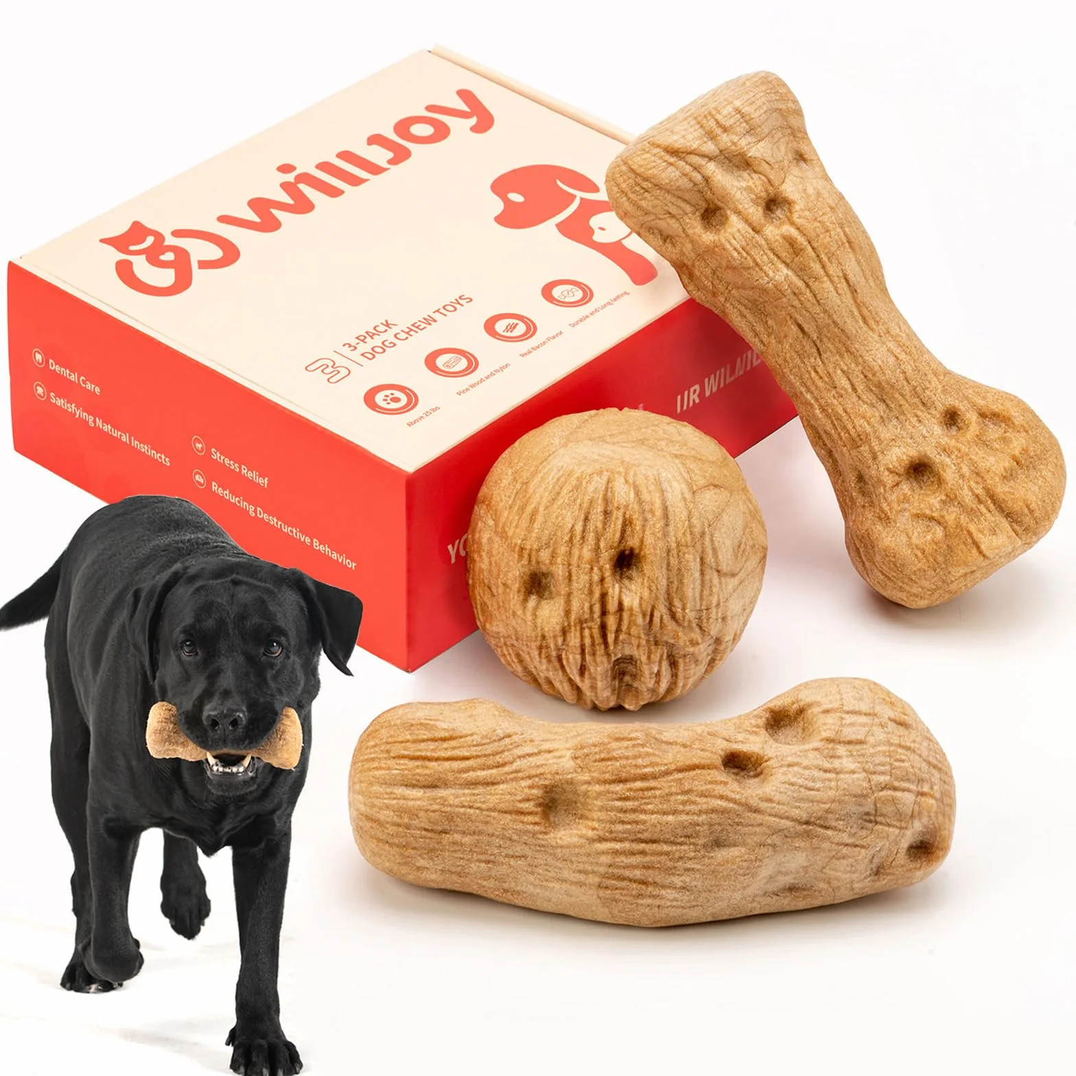 Willjoy Paquete de 3 juguetes para perros para masticadores agresivos, madera de pino y nailon, juguetes masticables indestructibles para mantenerlos ocupados