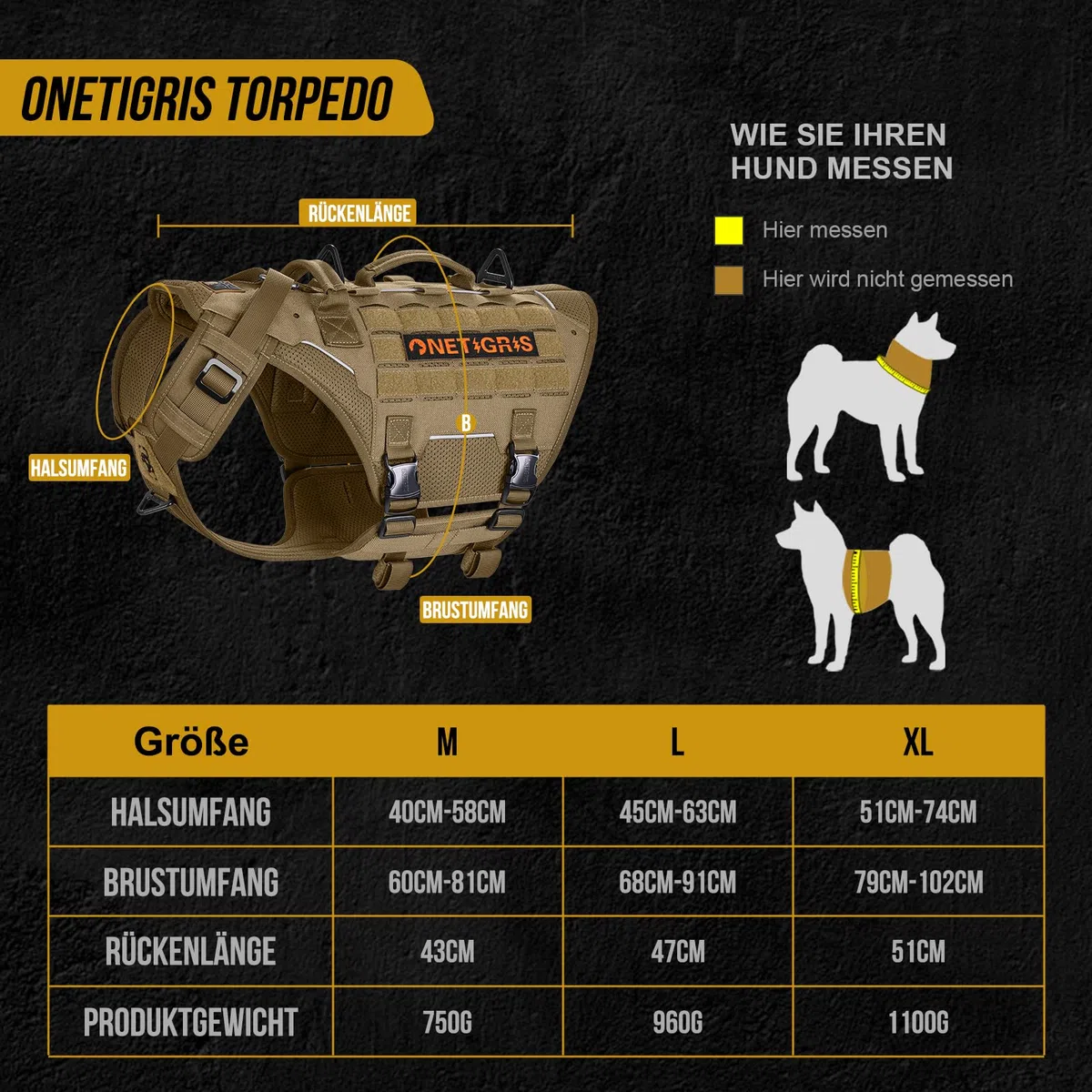OneTigris Arnés para perros, Torpedo Tactical Arnés con 4 hebillas de metal, 3 anillos en D de metal, 2 asas y tiras reflectantes, arnés de seguridad ajustable para perros grandes y medianos - Marrón