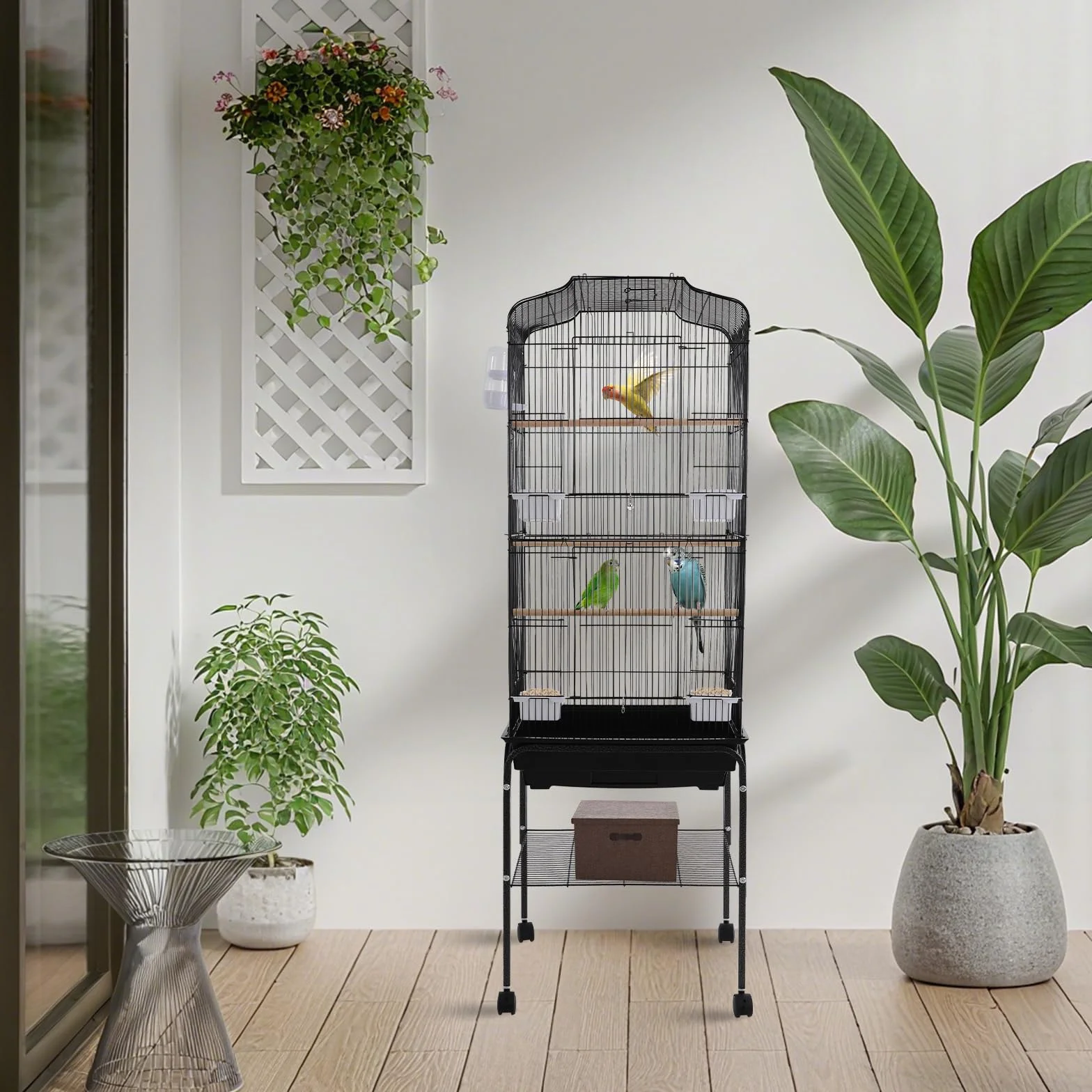 Jaula grande para pájaros con ruedas, para periquitos y loros, con soporte y bandeja de almacenamiento, de metal, con bandeja extensible, 137,5 cm de alto, color negro