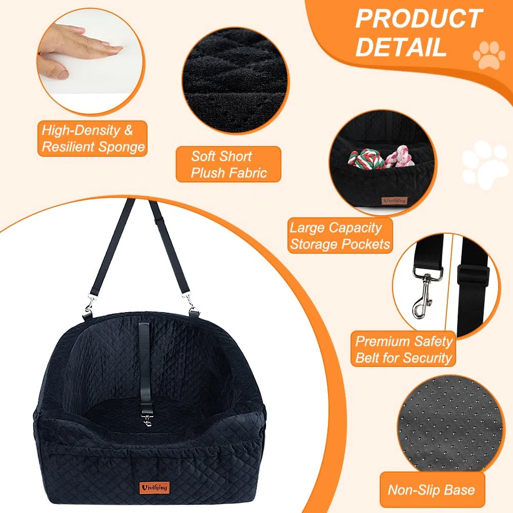 Vivifying - Asiento de coche para perro de tamaño pequeño y mediano, cesta de perro de coche con correa de seguridad y bolsillos de almacenamiento, asiento elevado para asiento delantero y asiento