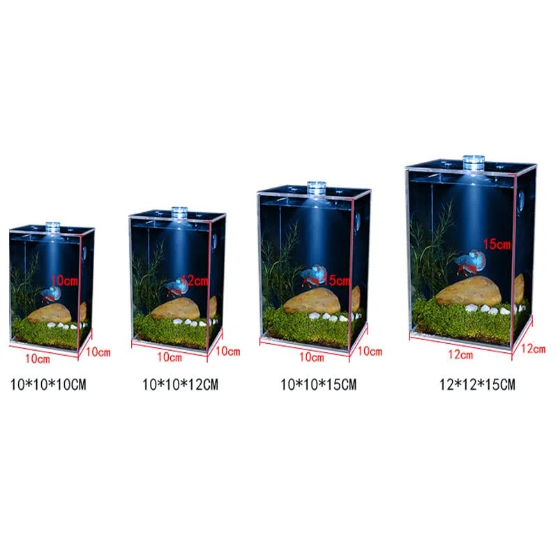 Acuario Pequeños tazones de Pescado Transparente Ultra-Transparentes Cuadrados DIRIGIÓ Acuario del Tanque de Peces DIRIGIÓ Calentador con Planta de imitación de paisajismo. Pecera(White Lighting,S)