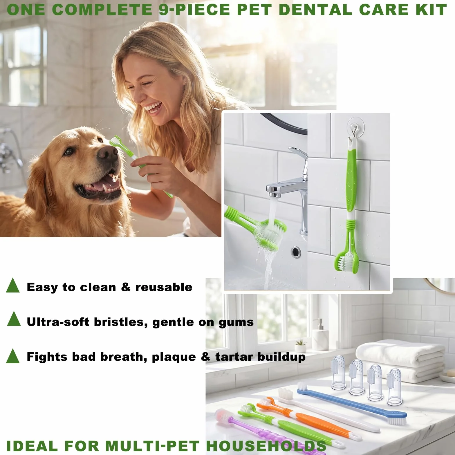 Juego de cepillos de dientes para perros, cepillos de dientes de triple cabeza, cepillo de dientes de doble cabeza, cepillos de dientes de goma para dedos, cepillos de limpieza dental