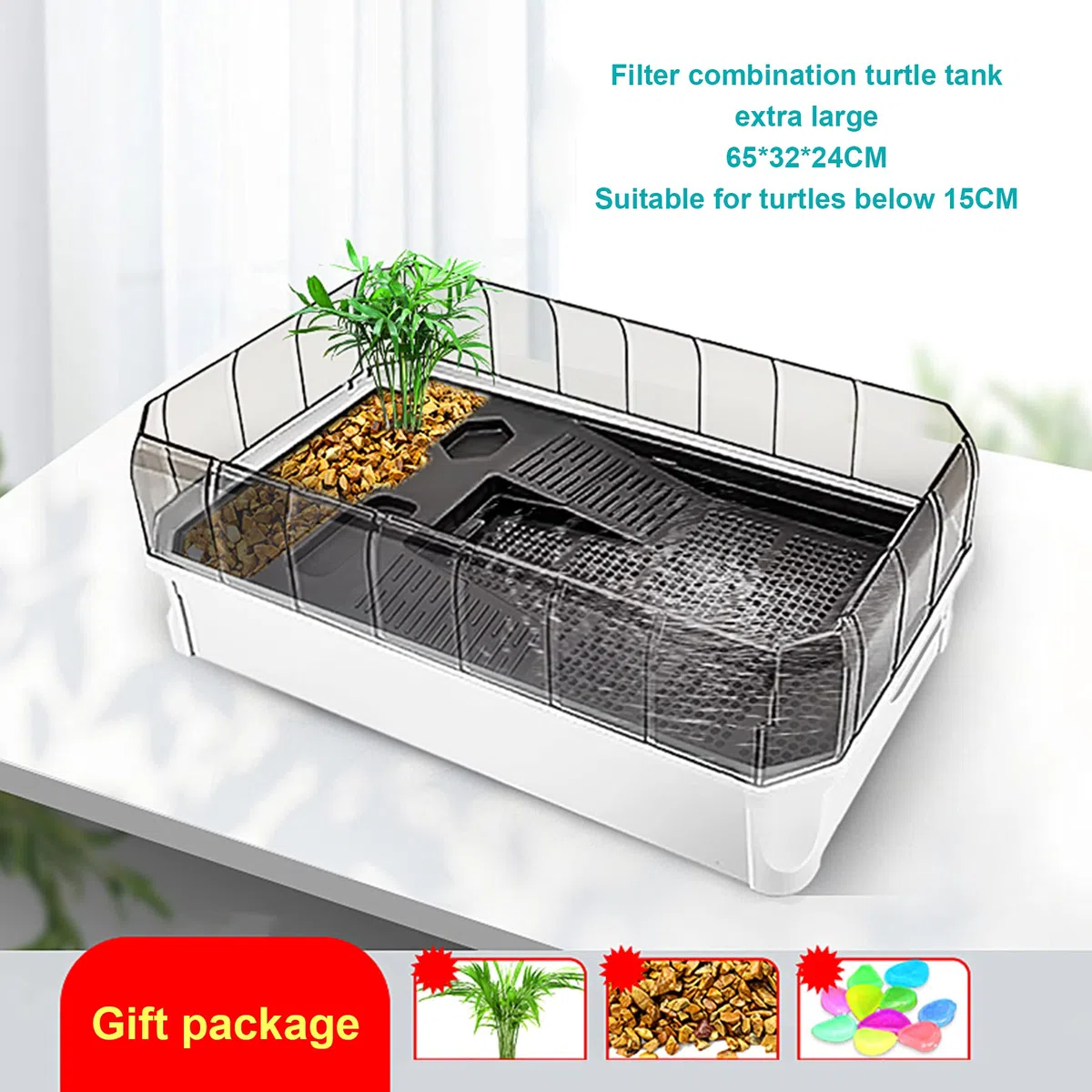 Acuario de tortugas con plataforma y plantas, fácil cambio de agua y limpieza, kit de hábitat duradero para reptiles
