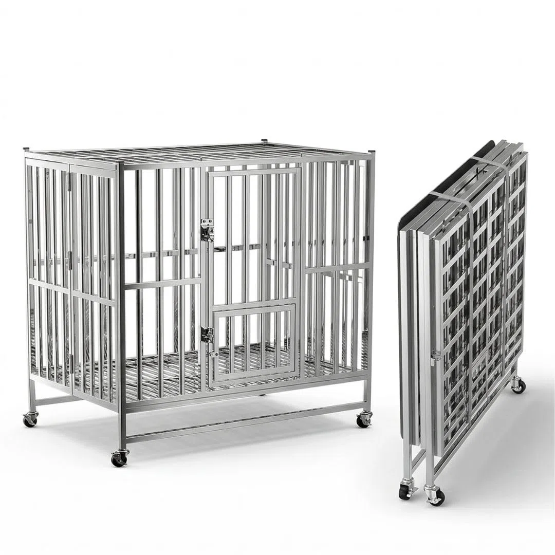 Jaula Grande Plegable para Perros de Acero Inoxidable 108 x 70 x 90 cm con Ruedas, Doble Puerta, 2 Bandejas Extraíbles y Cierre de Seguridad