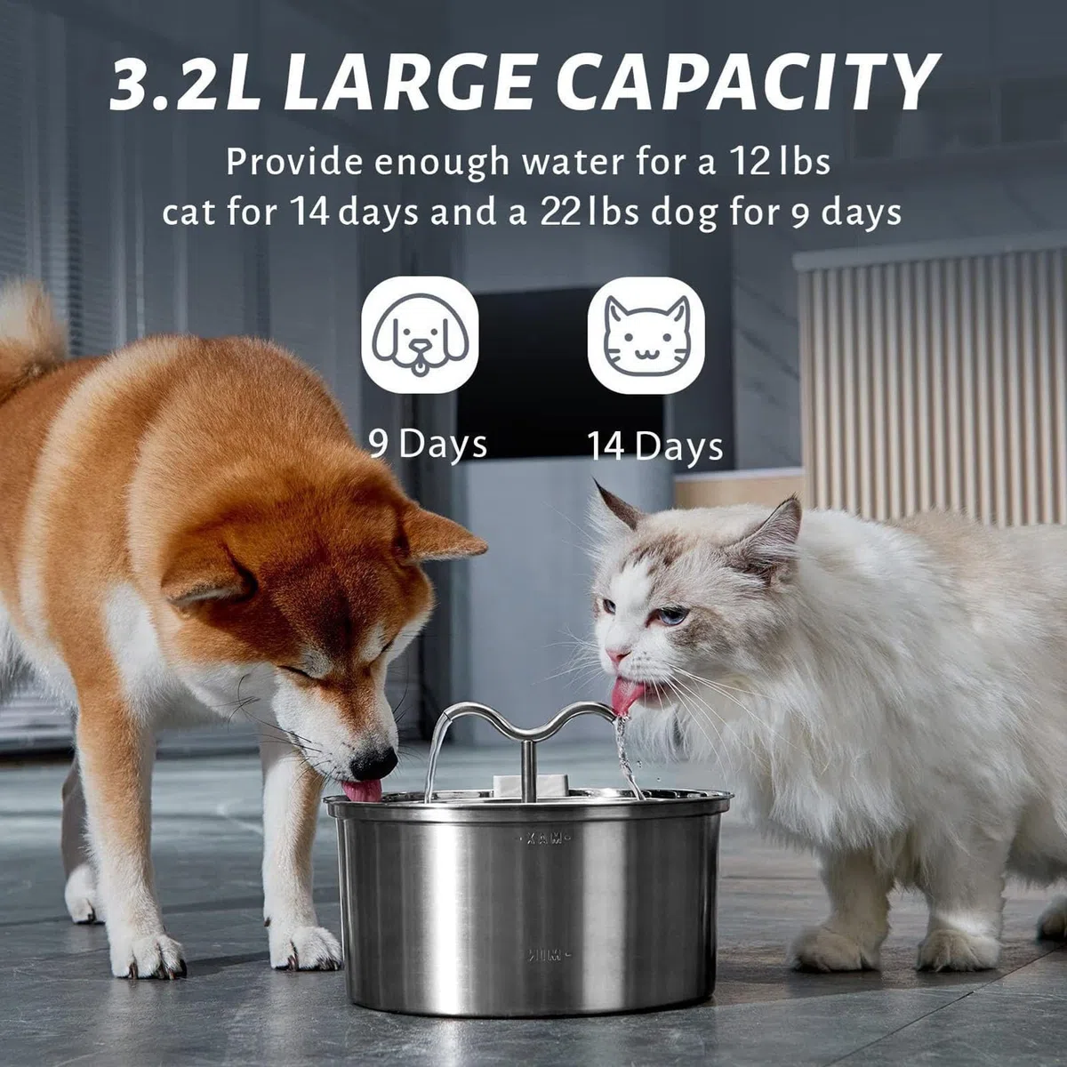 Fuente de Agua para Gatos de Acero Inoxidable, 3,2 L/108 Oz, Dispensador Automático de Agua para Mascotas con Dos Boquillas para Múltiples Mascotas, Bomba Ultra Silenciosa para