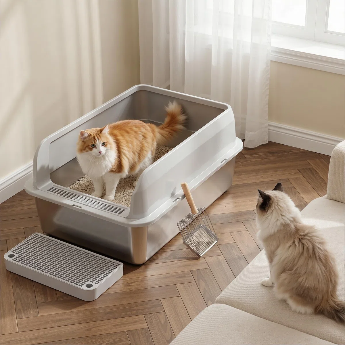Arenero Gato Acero Inoxidable, XXL Arenero Gato Grande con Bordes Altos & Entrada Baja, Caja Arena para Gatos sin Tapa, Antiderrames Antifugas con Cierre a Presión, con Rejilla,Tapete