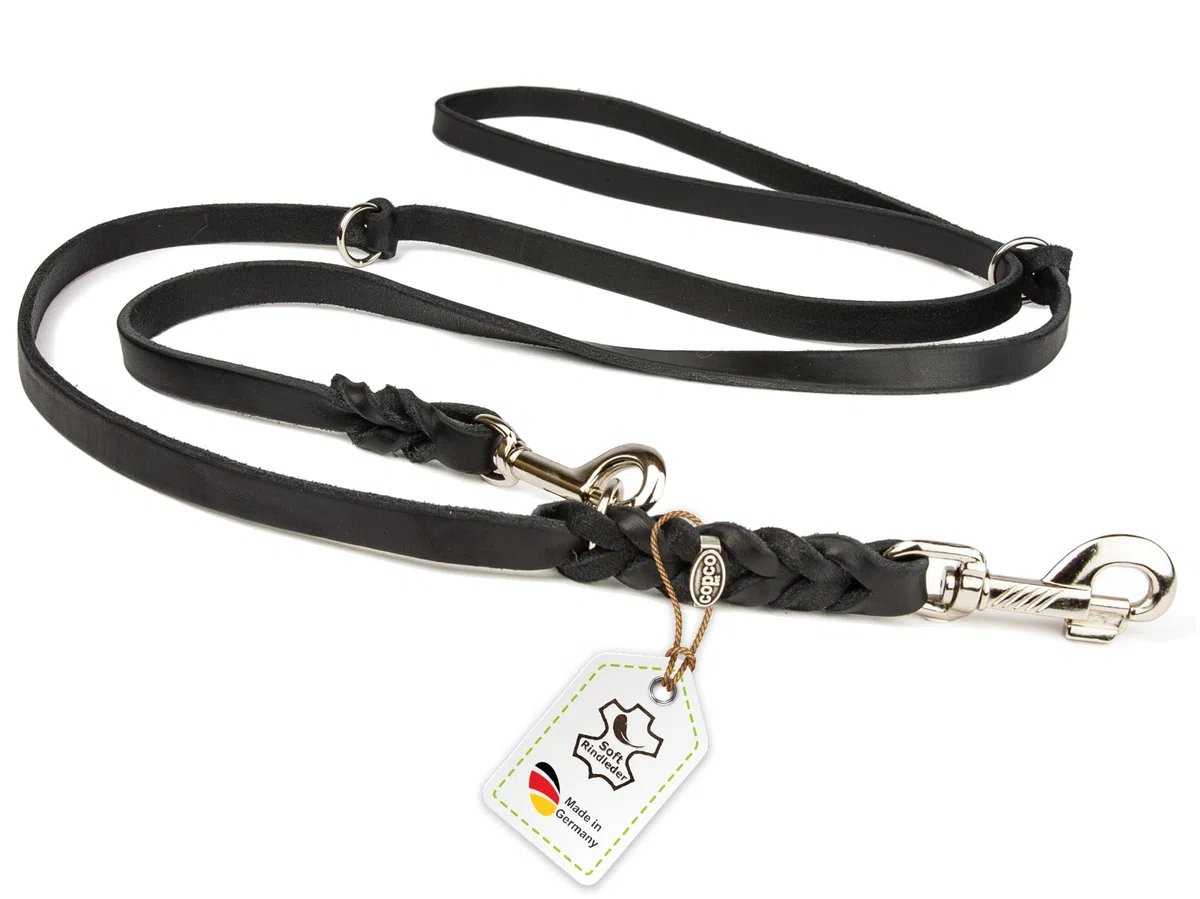 CopcoPet – Correa de cuero engrasado para perros – Correa ajustable en 3 posiciones de piel suave con mosquetones y herrajes de cromo – Correa trenzada 100% hecha a mano en Alemania (2,0 m x 20 mm |