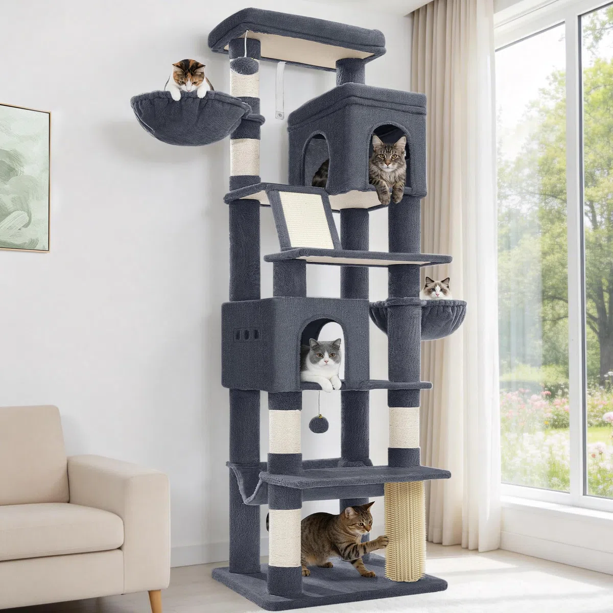 Hzuaneri Árbol para Gatos Grande, Torre para Gatos de Interior 213 cm con 2 Plataformas Grandes, 2 Cuevas, 2 Cestas, Hamaca y 5 Postes Rascadores, para Todas Las Razas, Gris Oscuro, MS21318SG