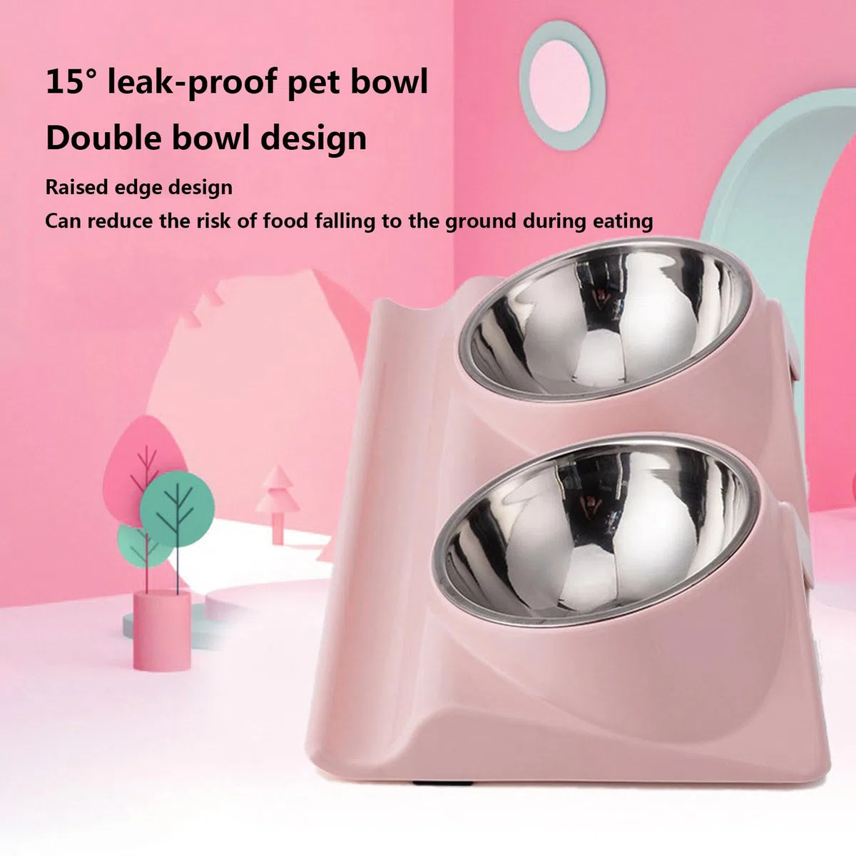 Comedero Doble for Mascotas con Base elevada, Antideslizante, Inclinado a 15 Grados, for Comida y Agua, Color Rosa