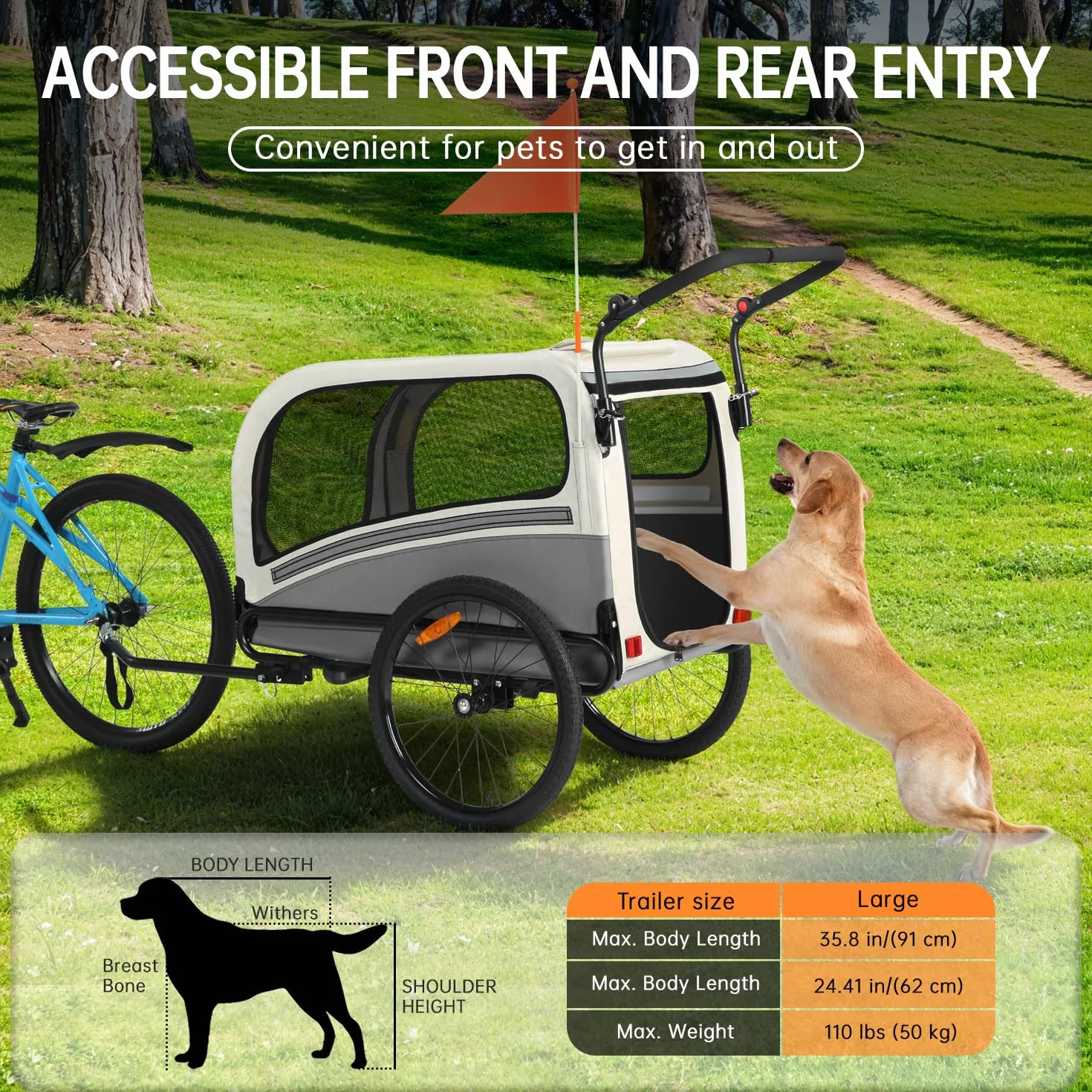 Remolque de bicicleta 2 en 1 XXL para perros, remolque plegable para perros con apertura de techo, reflectores y tiras reflectantes, acoplamiento universal para bicicleta, manillar de