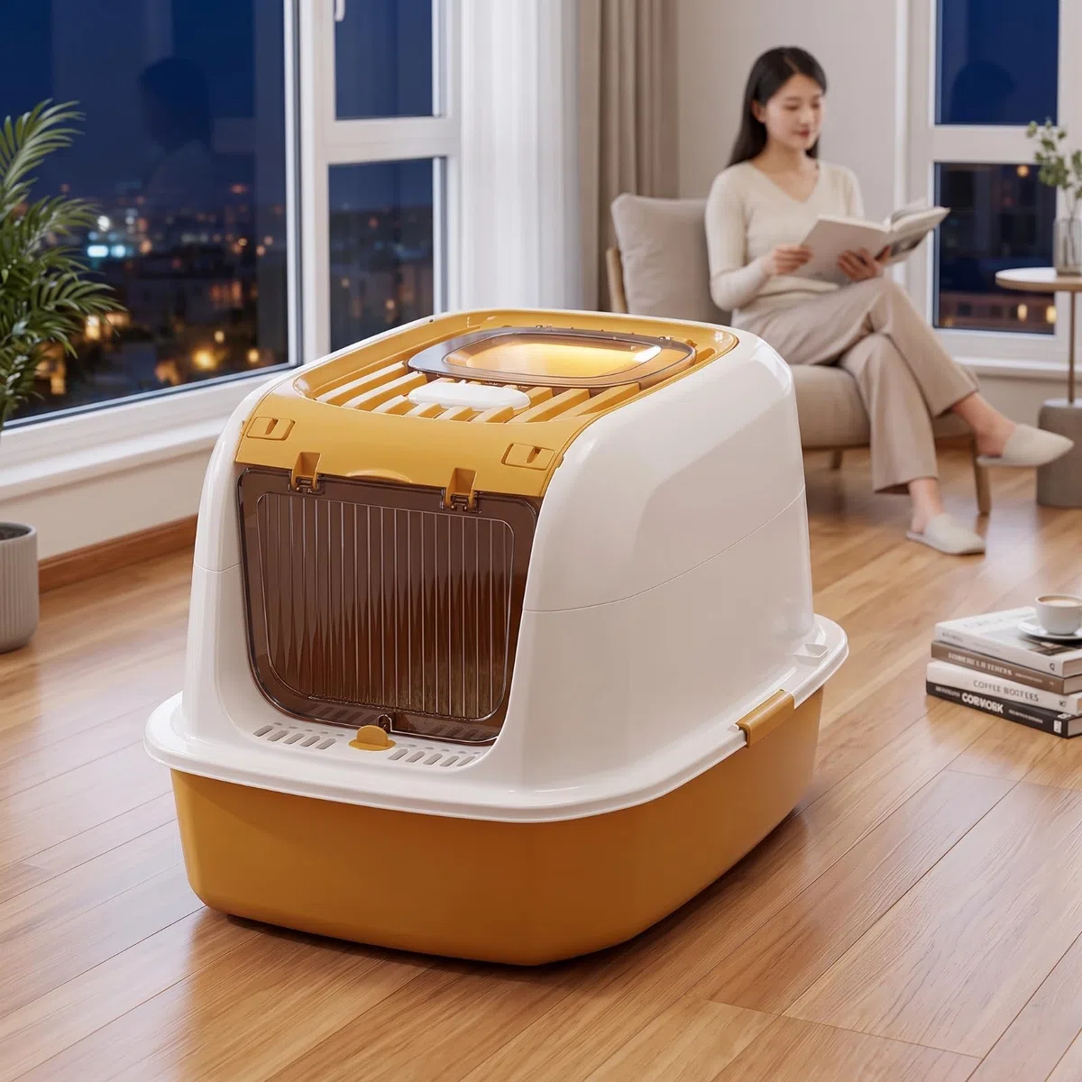 Caja de Arena Cerrada para Gatos Caja Higiénica Arenero Cubierto Contenedor de Residuos con Tapa Practicable y Borde Ancho PP y Interior Adecuada para Apartamentos y Estudios, Gris