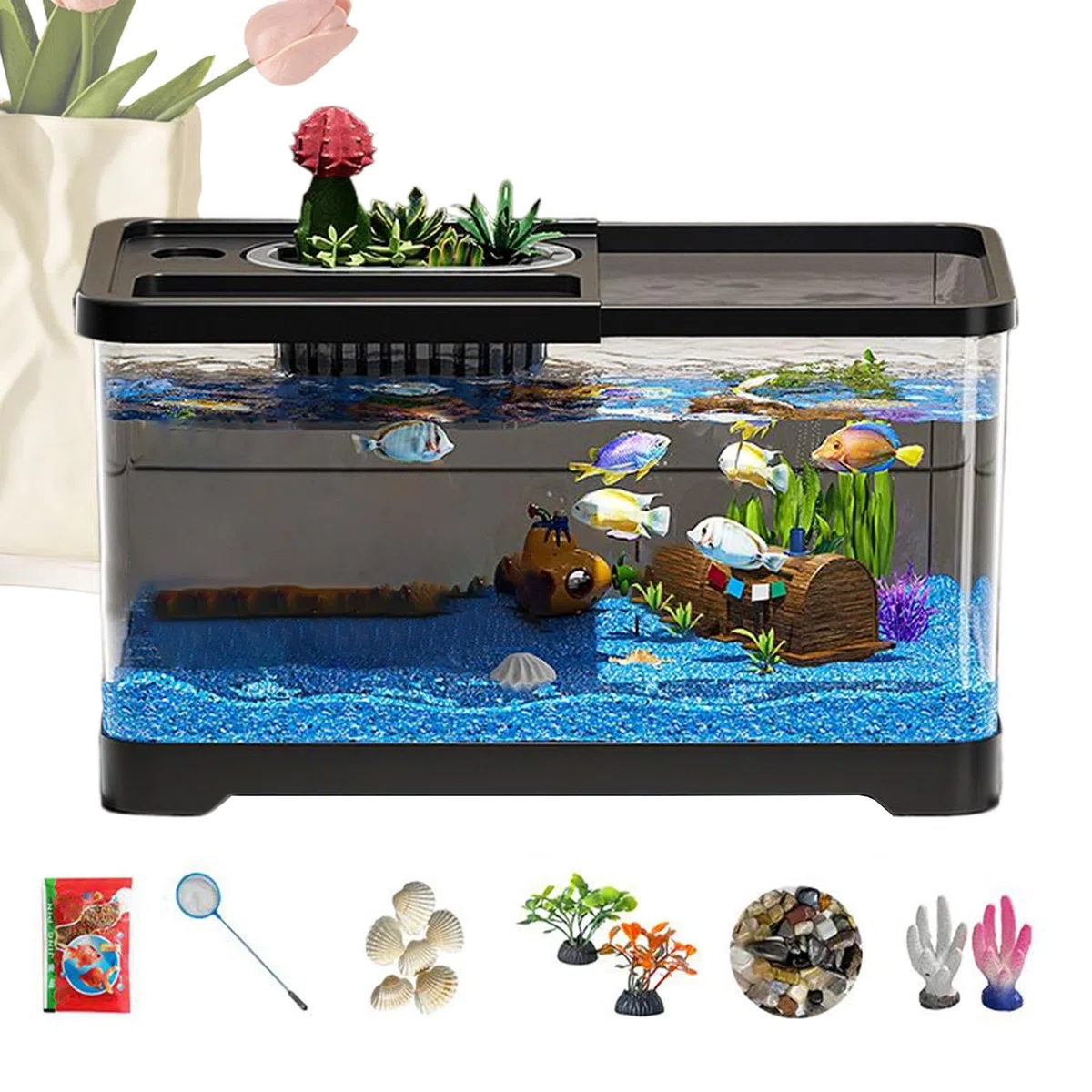 Acuario completo, mesa de 38 cm, acuario – Piscina de peces para principiantes – Juego de iniciación con tapa, plantas, guijarros, comida y accesorios, acuario decorativo para el hogar, oficina