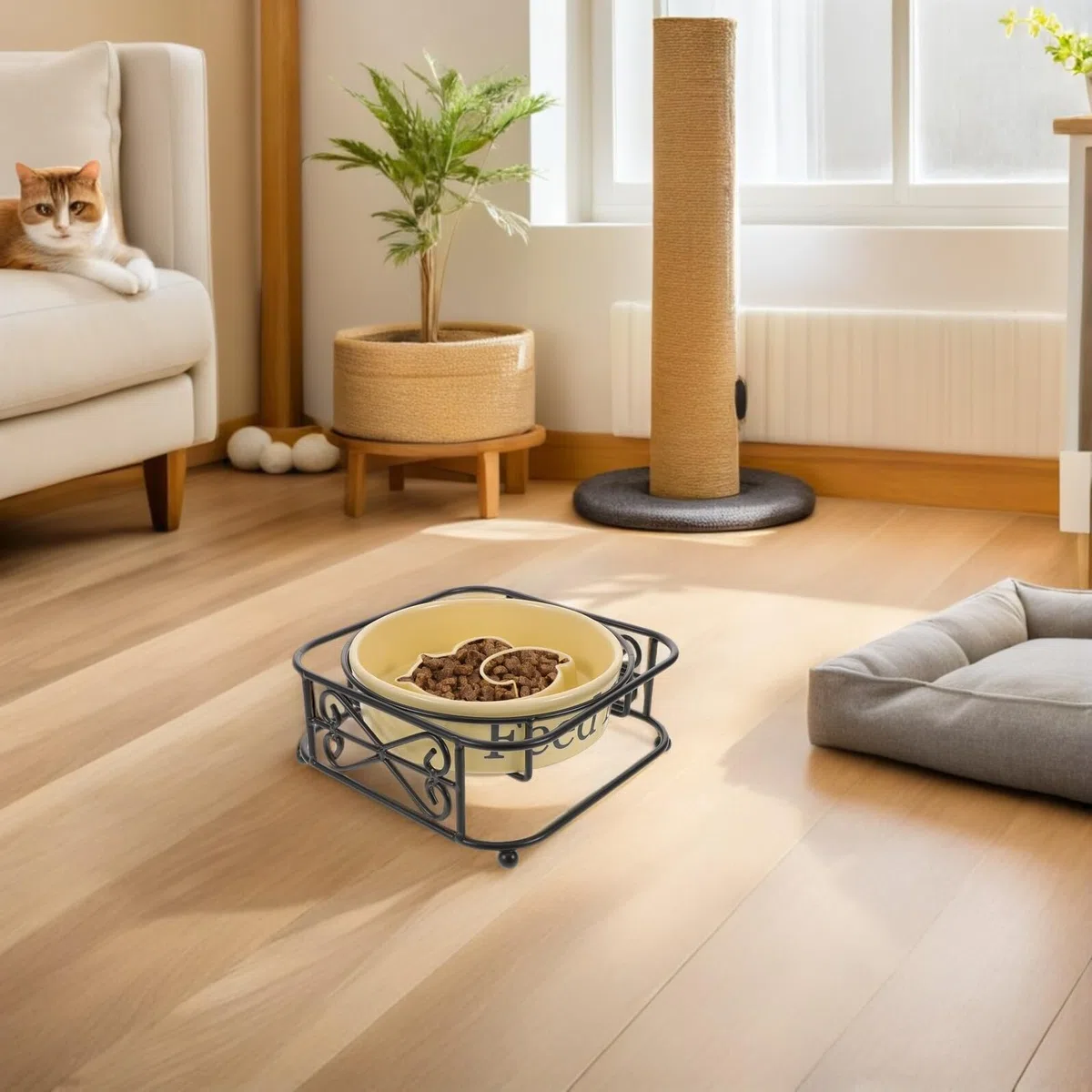 Comedero Lento Elevado para Perros y Gatos Pequeño de Cerámica Color Amarillo con Soporte Metálico Antideslizante para Alimentación Saludable y Control de Porciones