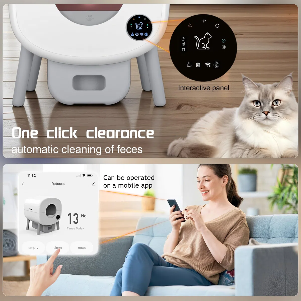 Arenero Gatos Autolimpiable, Caixa de Areia para Gatos Automatico 76L, Protección de Seguridad/Control de Aplicaciones/Inodoro/Iluminación Ambiental, Arenero Automatico para Varios Gatos