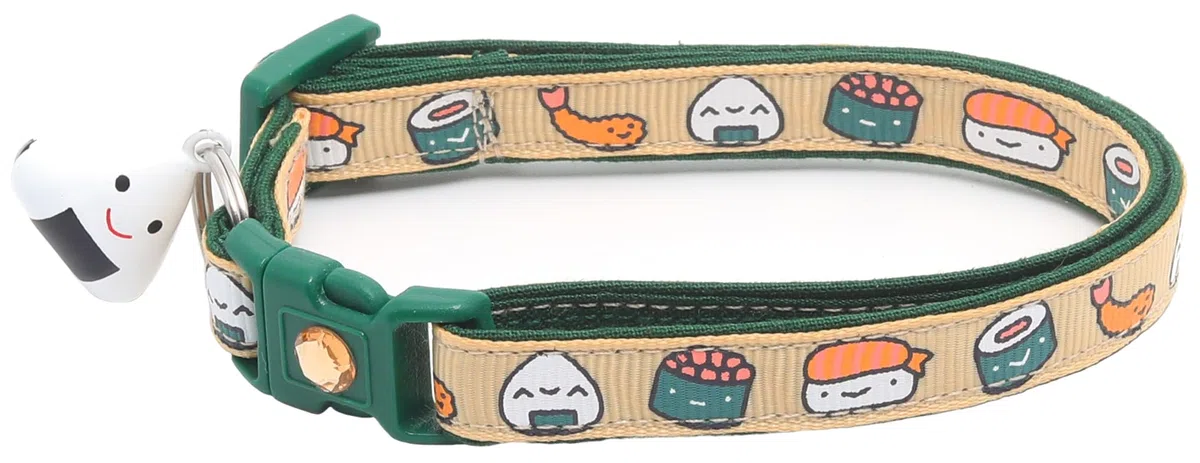 Collar de gato de sushi con campana de onigiri, tamaño grande ajustable o collar de gatito, collar de seguridad (grande (10 libras en adelante), jengibre)