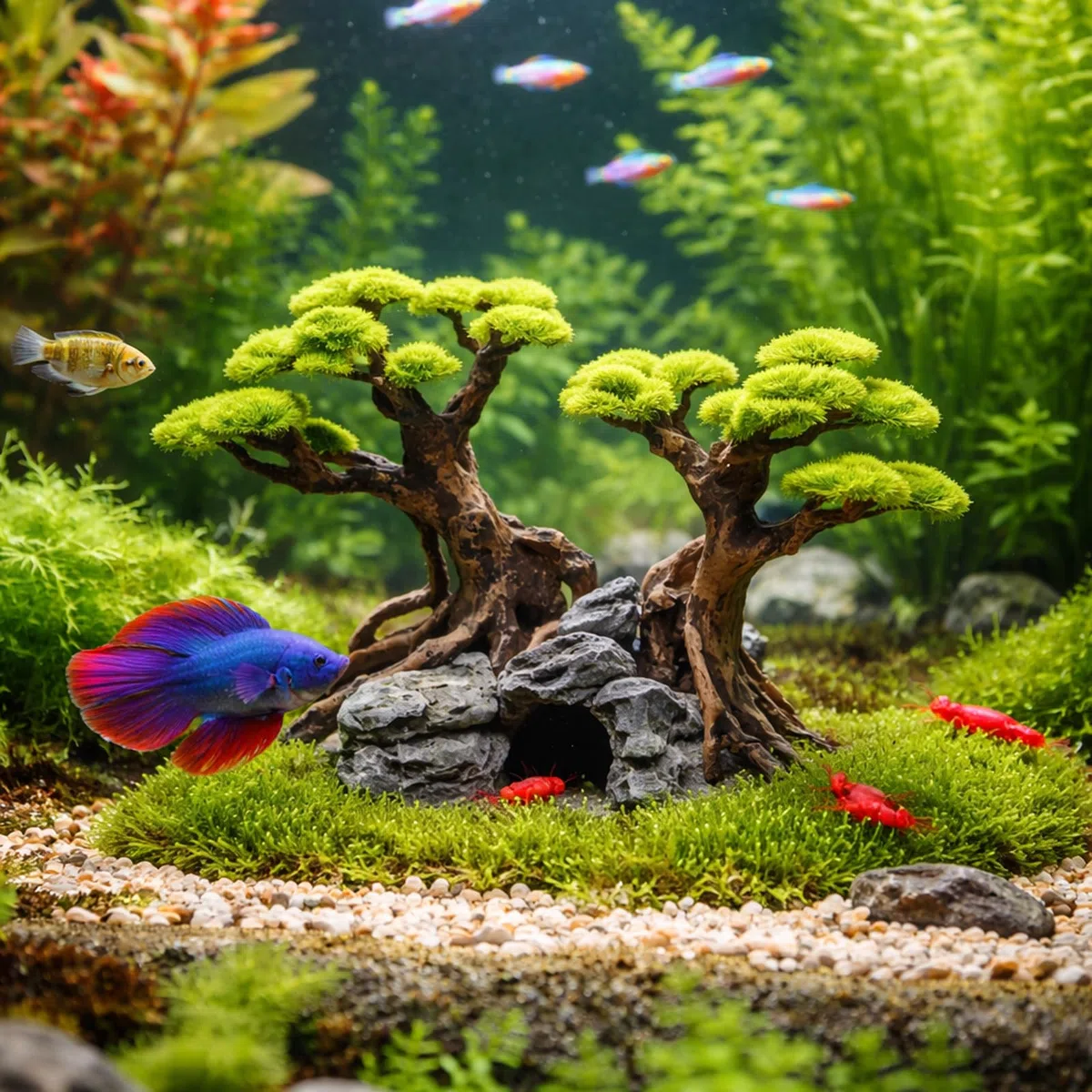 Decoración de resina de árbol de musgo de acuario para pecera, adorno de árbol bonsái artificial para paisajismo, decoración de pecera con área de descanso escondida para camarones betta