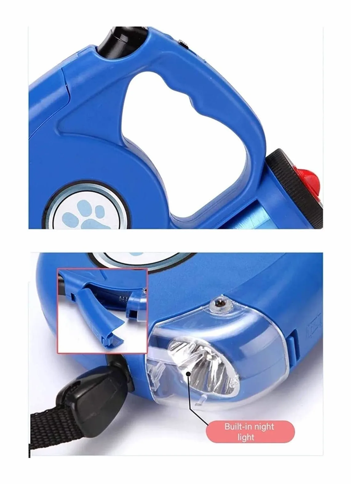 GOUJIAN Correa retráctil para perros con linterna LED brillante y bolsa de basura, correa de guía para perros sin enredos, freno con una sola mano, pausa, candado para perros pequeños y grandes | Azul