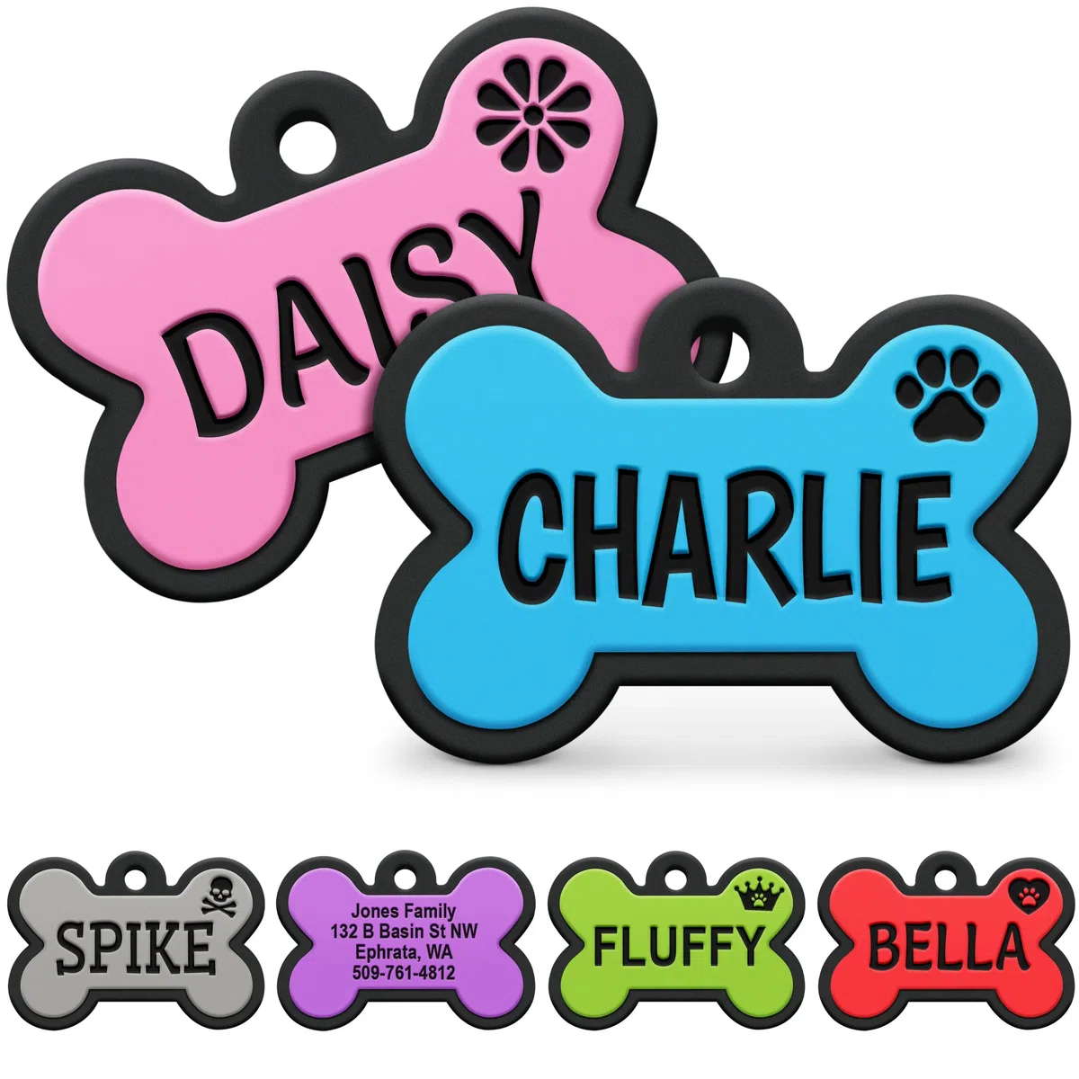GoTags Etiquetas silenciosas de silicona para perro, etiqueta personalizada sin sonido grabada con diseños personalizados únicos, para perros y gatos, pequeño, mediano y grande, 6 colores brillantes