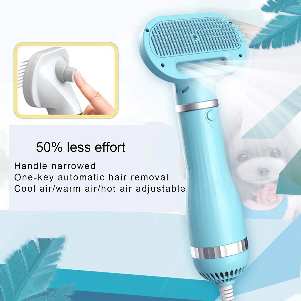 Peine Cepillo Mascotas Secador de Pelo Perros, 2 en 1 300 W Potente soplador, Mango ergonómico con 3 Engranajes de Temperatura para Perros Gatos Animales pequeños (Blanco)