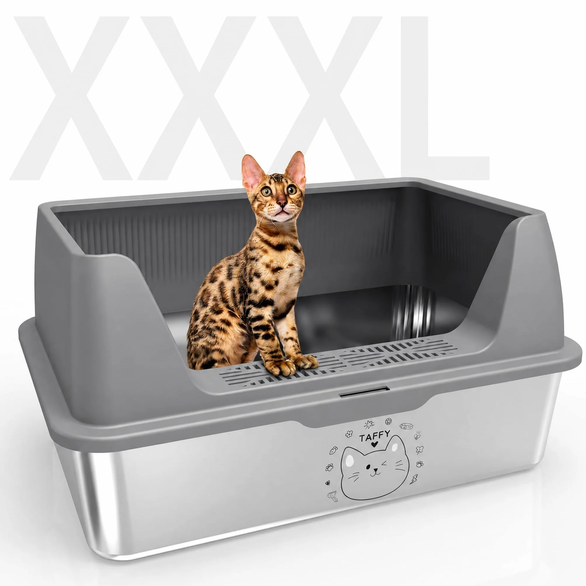 Caja de arena para gatos de acero inoxidable XXXL con adhesivo DIY (60 x 40 x 30 cm), 37 L, acero inoxidable con tapa, gran capacidad, a prueba de fugas y salpicaduras, fácil de poner y quitar, fácil