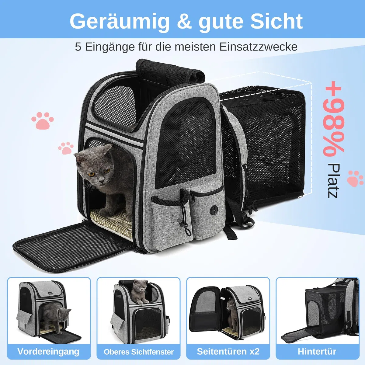 Mochila transportadora para Gatos, portátil Transpirable, Mochila Plegable para Transportar Mascotas, para Gatos y Perros medianos y pequeños, transportadora para, Gris | Ventana de malla transpirable, hasta 8 kg, 30 x 24 x 36 cm, para paseos diarios, sen