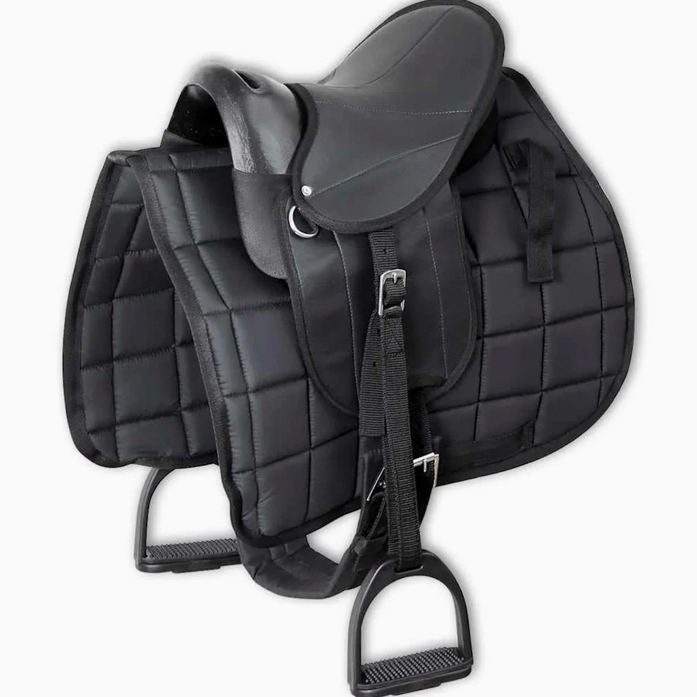 Juego de sillín para pony, 10 pulgadas, color negro, con cubierta de sillín, estribo, correa para sillín de equitación y estribo para pony, sillín de doma sin árboles, comodidad durante la
