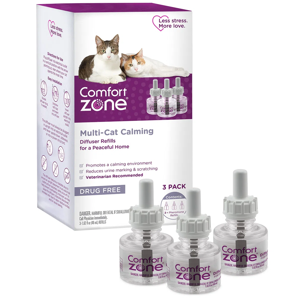 Comfort Zone 3 recambios | Recambios de difusor de feromonas para varios gatos (90 días) para un hogar tranquilo | Recomendado por veterinarios | Detiene la lucha de gatos, reduce la pulverización,