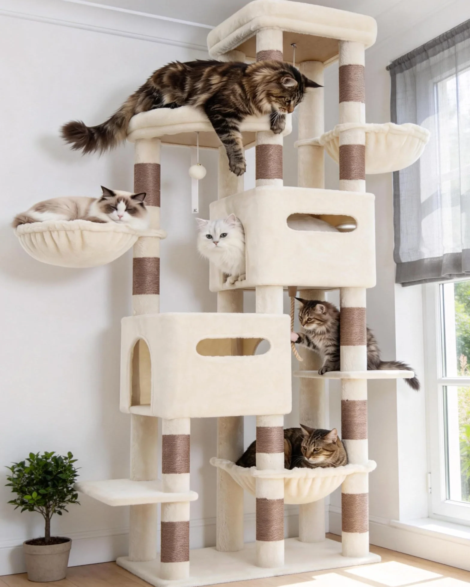 Heybly Árbol Rascador para Gatos Grandes, 190 cm Rascador para Gatos XXL, Torre Alta y Espaciosa con Amplia Plataforma Superior, Base Estable, 2 Casitas, Hamaca y Postes de Sisal, Beige HCT062MJ