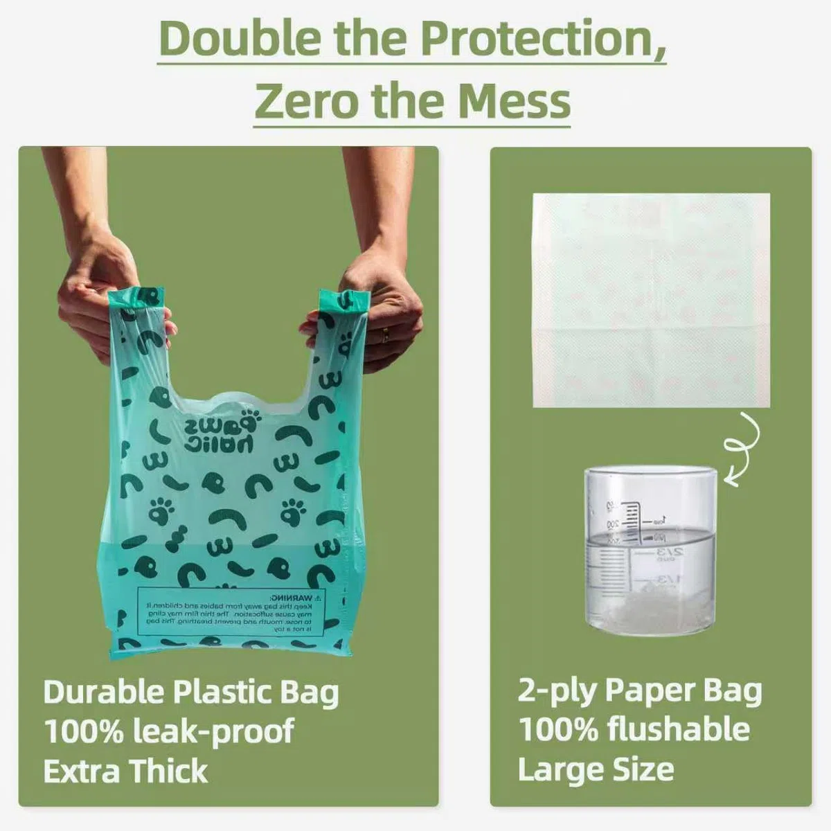 Bolsas para excrementos de perro de 2 capas con toallas de papel, 50 piezas, ultra gruesas y a prueba de fugas, no más sensación de calor y asco