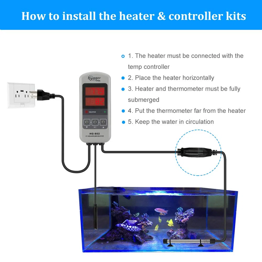 hygger Calentador de acuario de titanio de 200 W para agua salada y agua dulce, calentador sumergible digital con controlador de termostato IC externo y termómetro, para pecera de 20-45 galones
