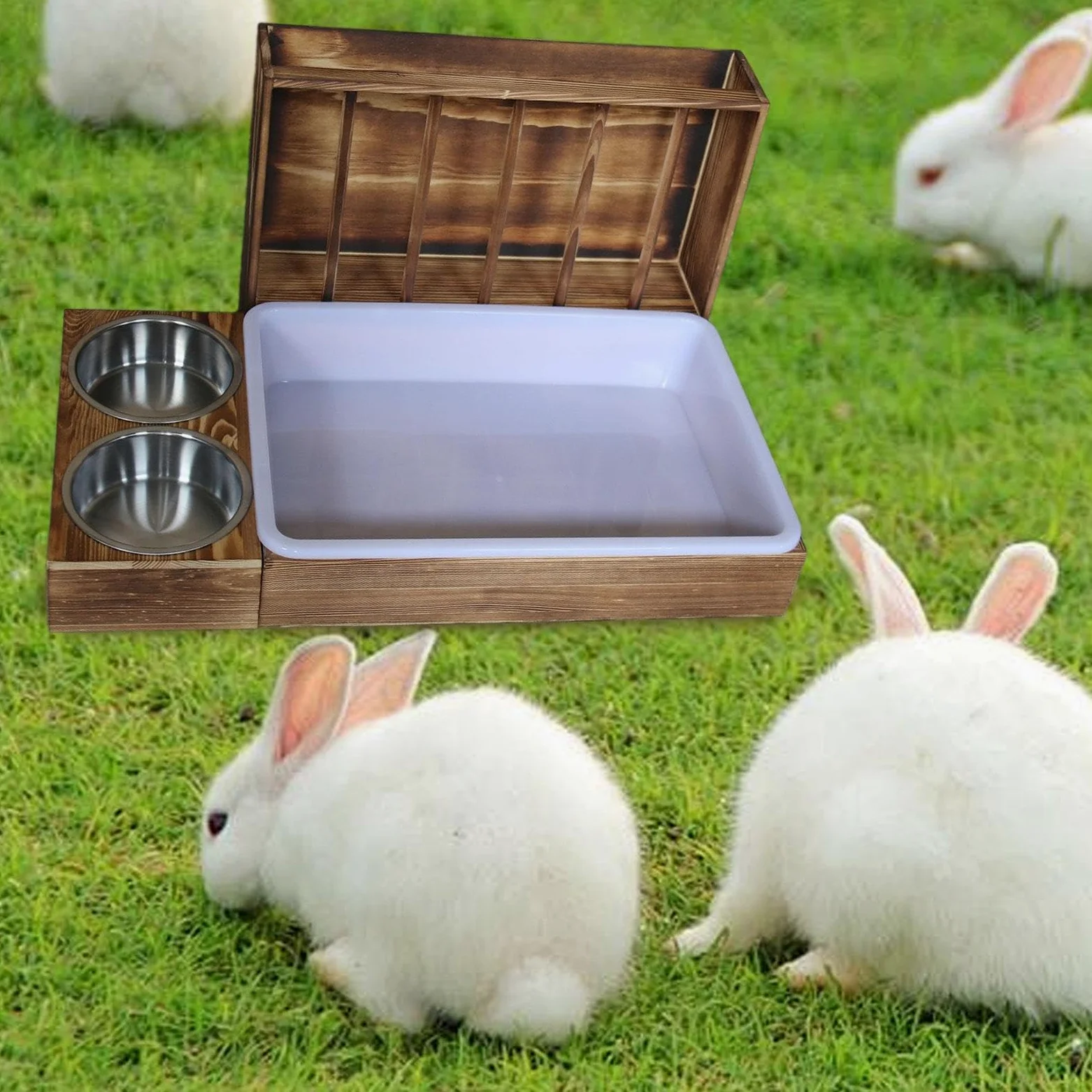 Comedero para conejos de madera con bandeja de arena para gatos, cuencos, bandeja de agua para chinchillas, bandeja de arena para gatos, comedero para heno