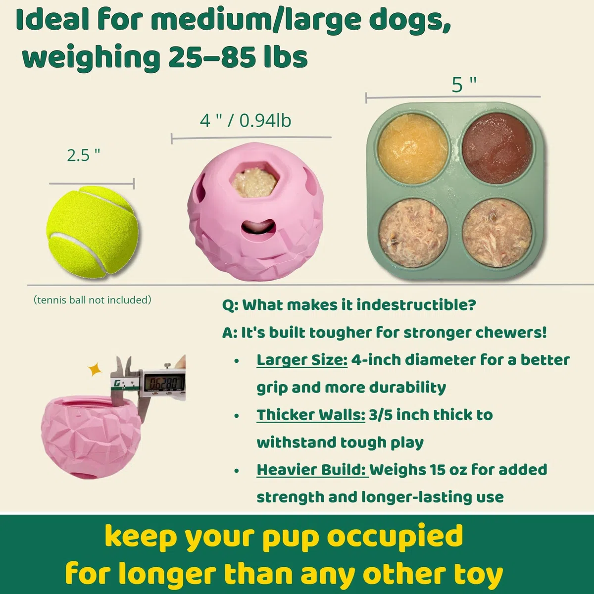 Juguete de enriquecimiento para perros 5 en 1: bola congelada para mordeduras y cepillos, juguete interactivo para masticadores agresivos grandes (25-85 libras), hueso congelable para perros