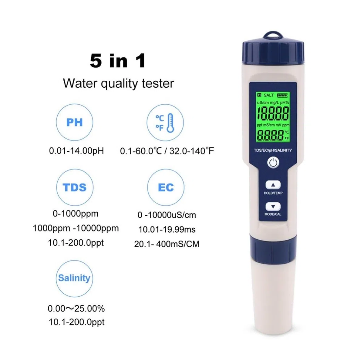 Probador de Agua, Medidor Digital de Calidad del Agua 5 en 1 TDS/EC/PH/salinidad/Temperatura for Piscinas, Agua Potable, acuarios(No Backlight)