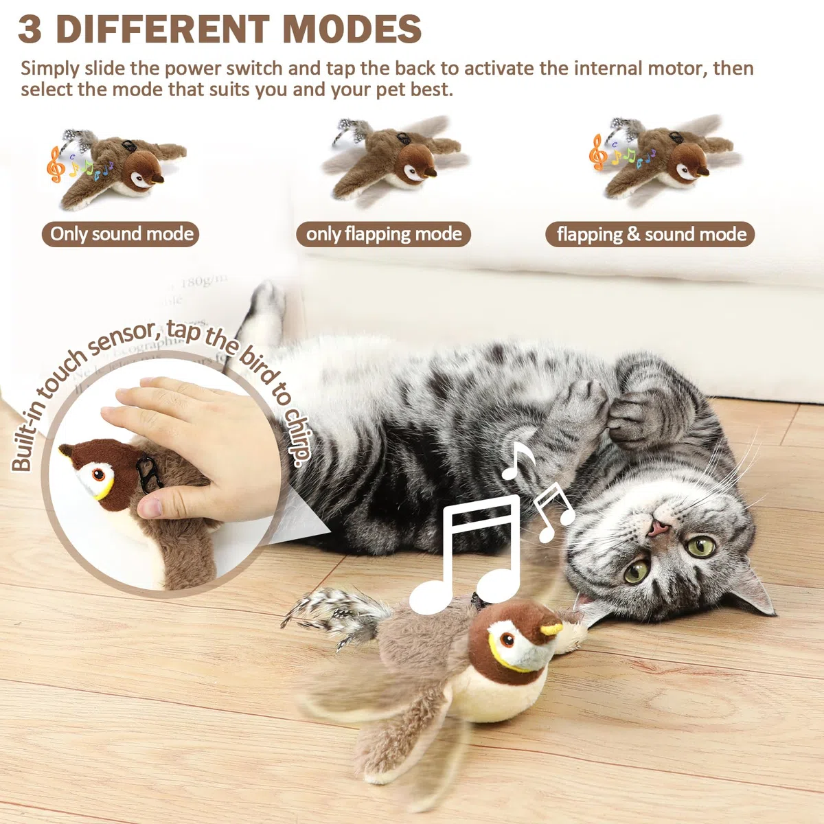 Tocirelo Juguetes para gatos de interior – Juguete interactivo para gatos con hierba gatera, juguetes de pájaros simulados recargables para gatos, gorrión (sin volar)