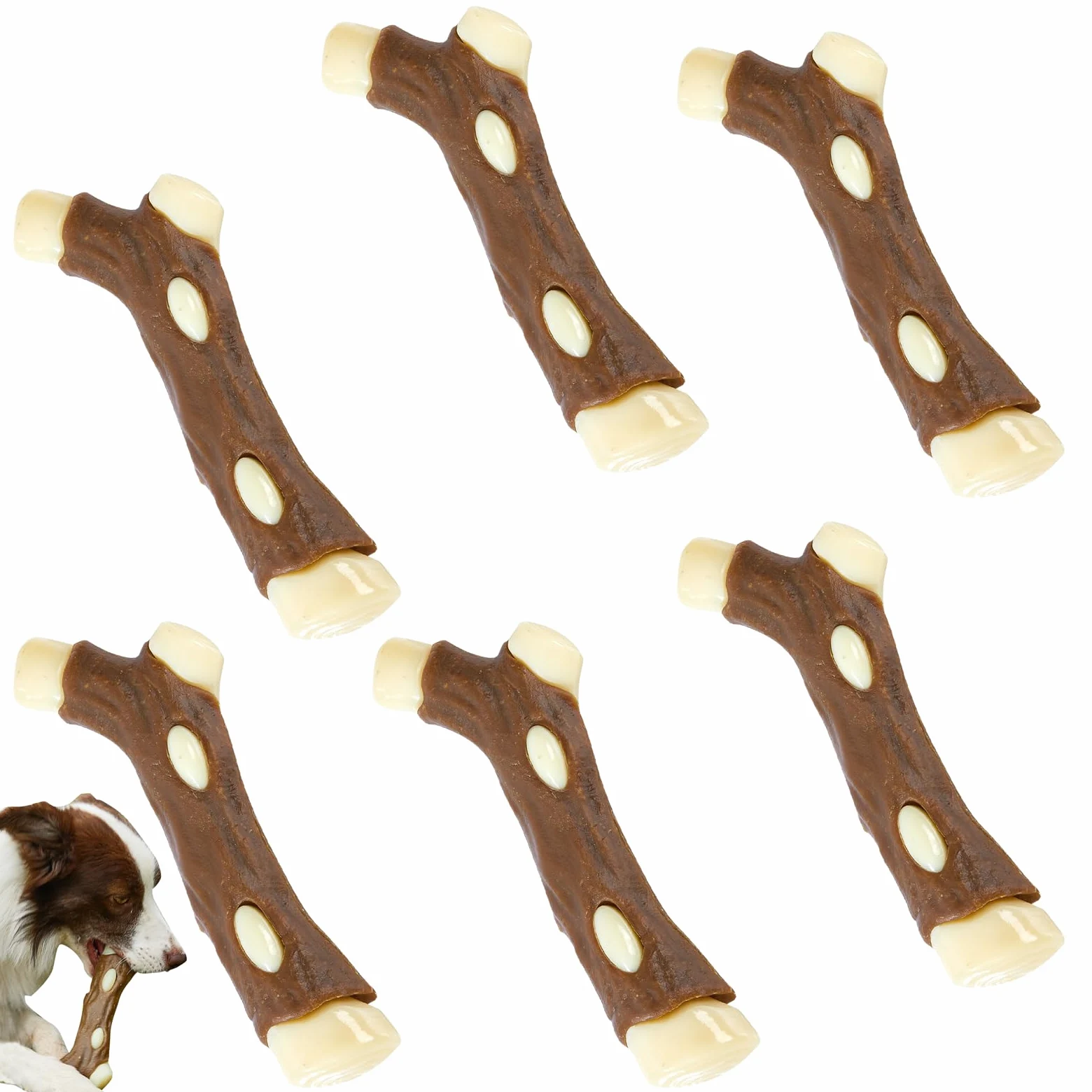 Juguetes masticables de huesos de perro para masticadores agresivos, paquete de 6 unidades con sabor a carne real, juguetes indestructibles para masticar para perros de raza grande, mediana