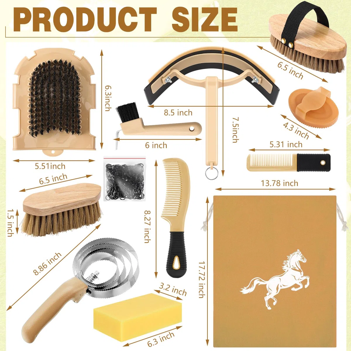 Abbylike Kit de aseo de caballos de 12 piezas, juego de cepillos para caballo, serie Equine Care, juego de cepillos para caballos con bolsa organizadora, herramientas de masaje (caqui)