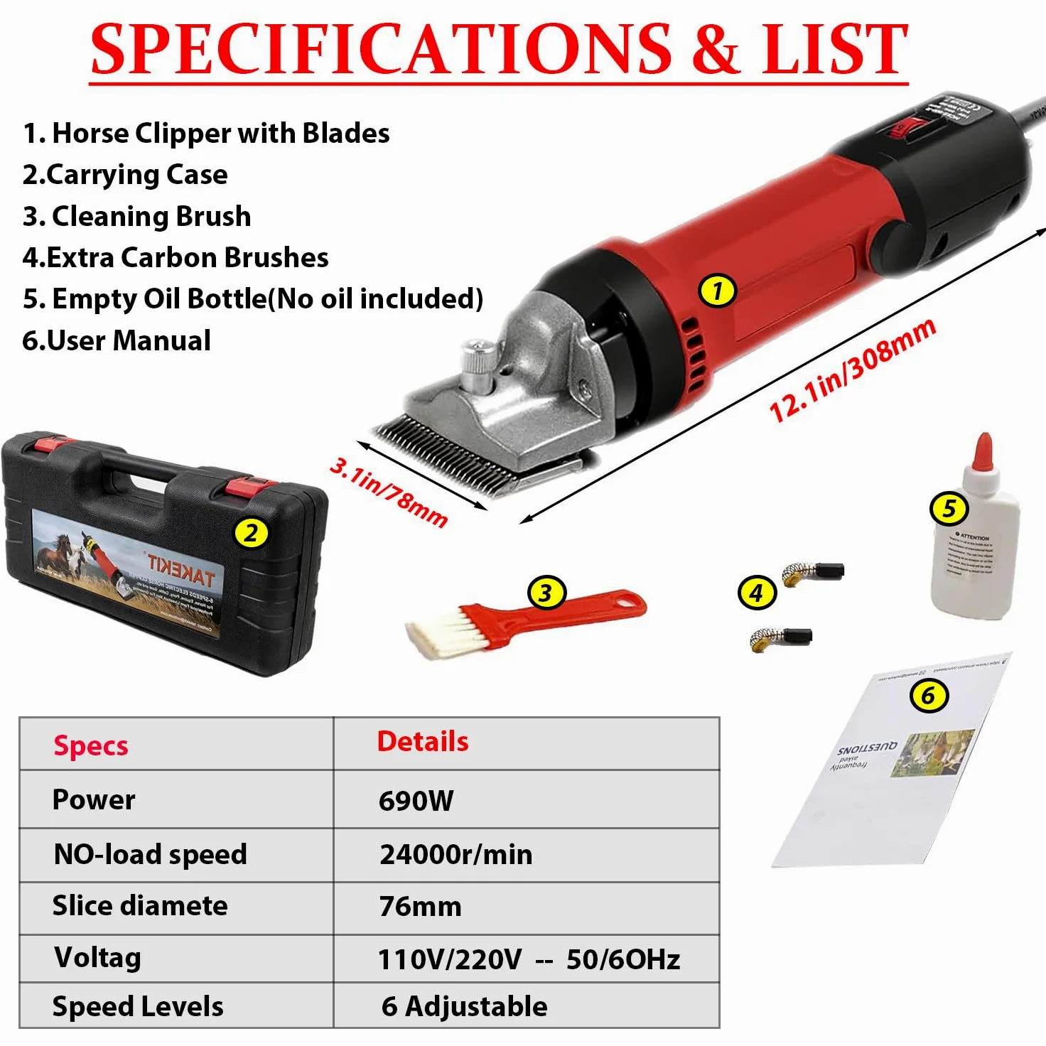 Esquiladora eléctrica de 690 W para Ganado, con 6 velocidades y Cuchillas Desmontables para Caballos, Vacas, Camellos y Perros Grandes. 220V