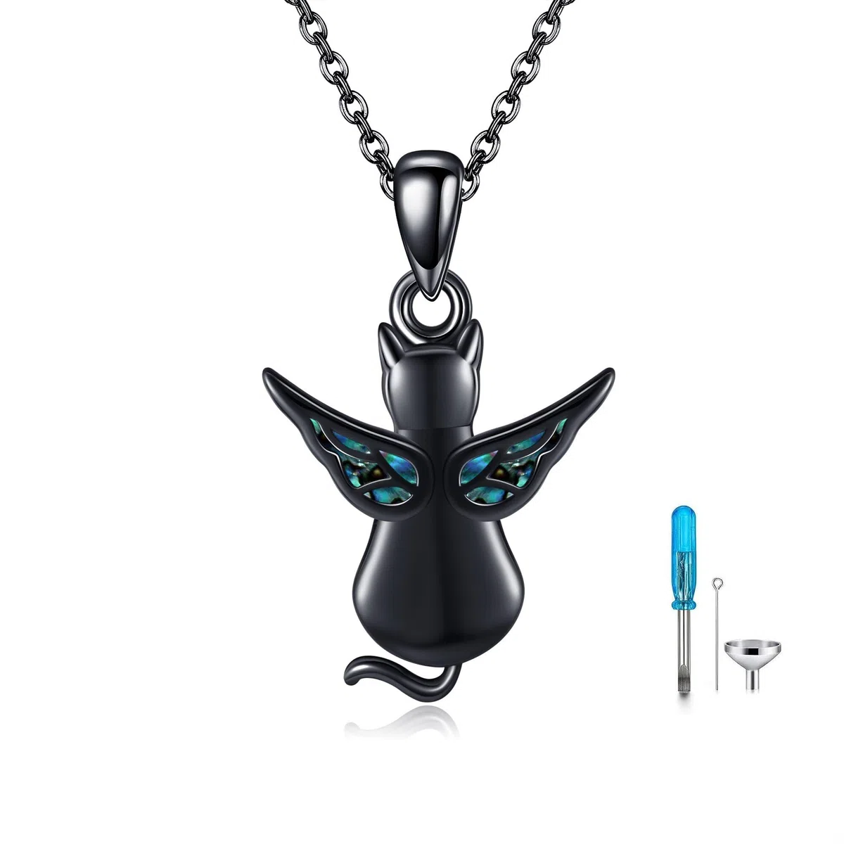 ONEFINITY Collar de urna de gato negro para cenizas, plata de ley, alas de ángel, recuerdo de gato, colgante conmemorativo para mascotas, regalo de joyería para mujeres y hombres