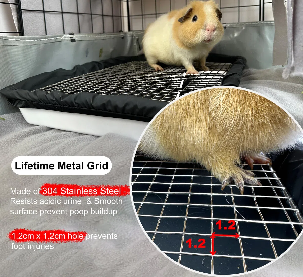 DOZZOPET Caja de arena para conejillos de indias con rejilla de acero inoxidable y 2 forros impermeables reutilizables, bandeja para orinal de animales pequeños para conejo enano, hurón, chinchilla
