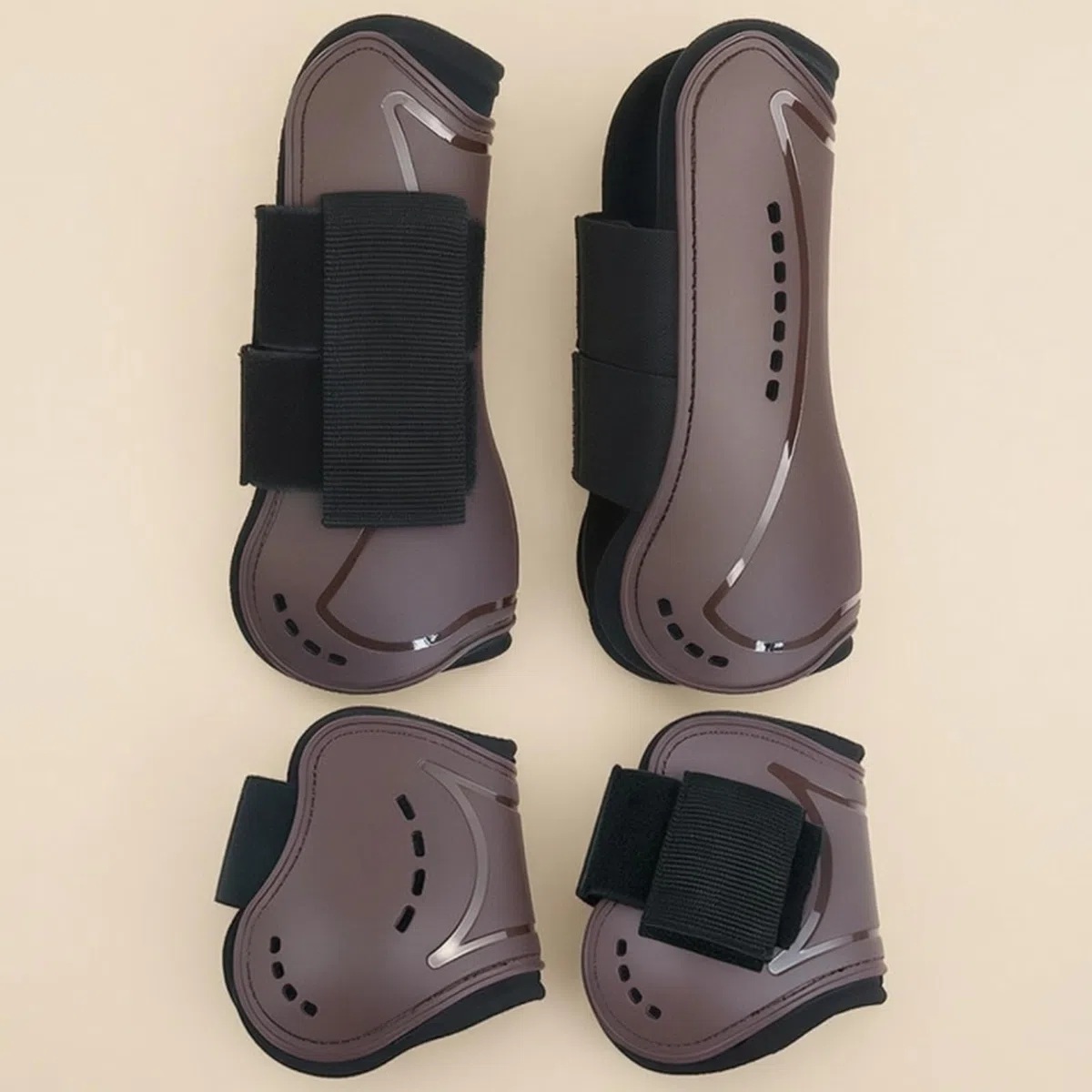 Protector de Pierna de Caballo Botas Tendón Bota de Salto Funda de Pata con Ajuste Personalizable Que Evita Deslizamiento Material PU y Nylon, Marrón, Mediano