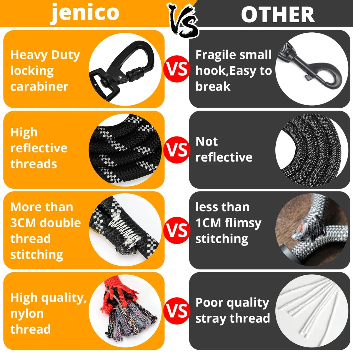 jenico Correa de Perro Fuerte de 6 pies - 1/2 Pulgadas con Correas elásticas para Perros e Hilos Altamente Reflectantes, Correa de Cuerda Resistente para Perros pequeños, medianos y Grandes (Rojo)
