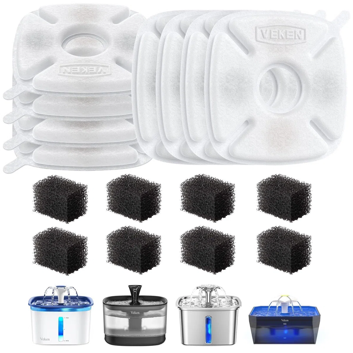 Veken VK052742US - Paquete de 8 esponjas de prefiltro de Repuesto para dispensador automático de Agua para Mascotas, Gatos, Perros, Fuente de Agua, Resina, Color Blanco y Negro