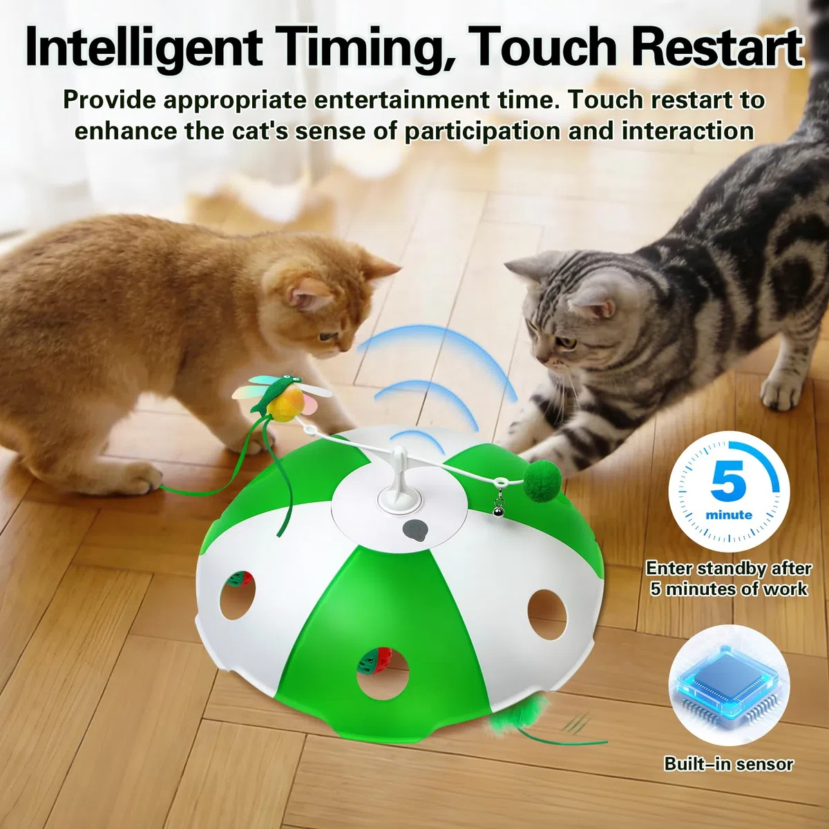Sofolor Juguetes para gatos recargables, juguetes interactivos para gatos de interior, activados por tacto, plumas en movimiento, canto de pájaros, juego de captura de ratones de laberinto de 6
