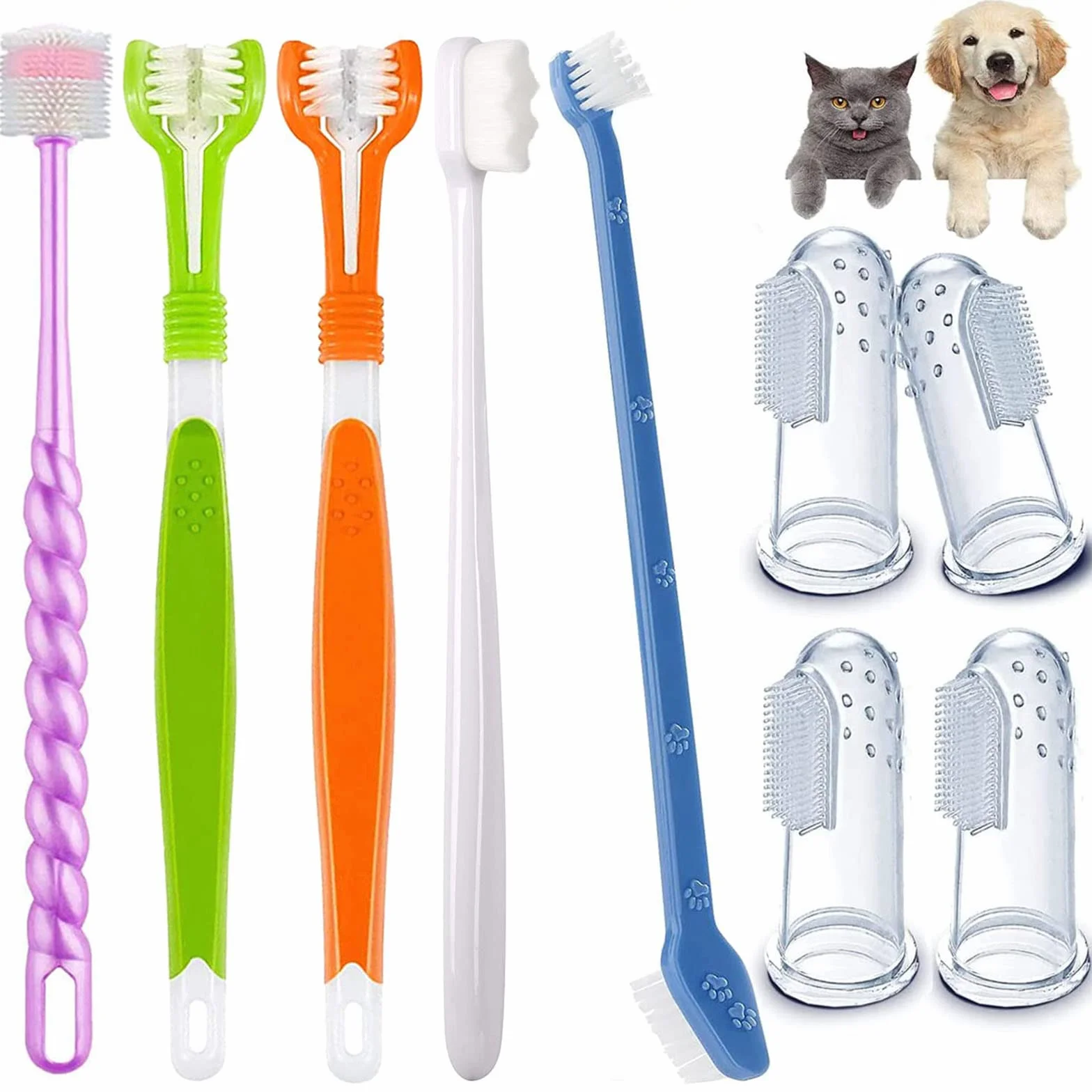 Juego de cepillos de dientes para perros, cepillos de dientes de triple cabeza, cepillo de dientes de doble cabeza, cepillos de dientes de goma para dedos, cepillos de limpieza dental