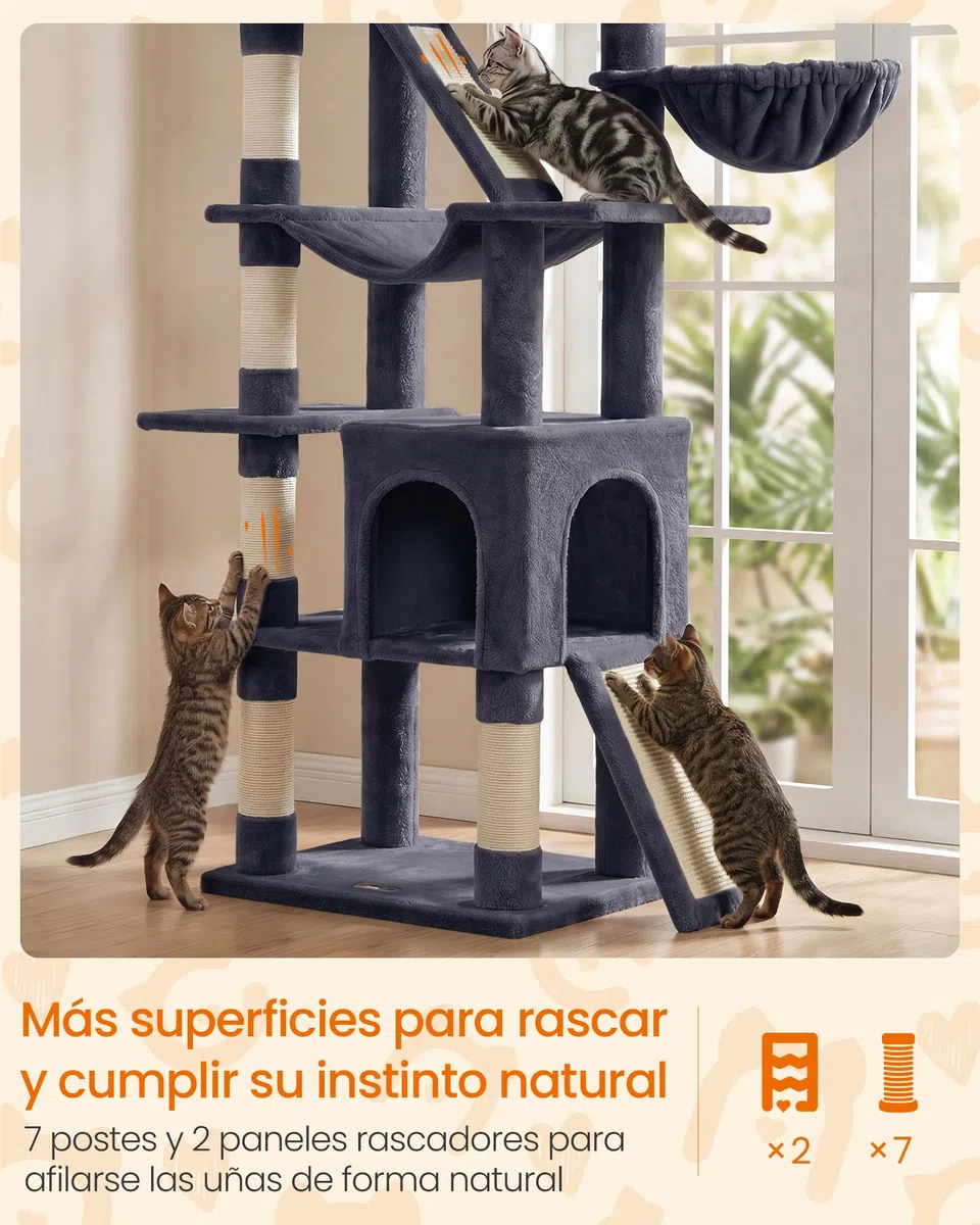 Feandrea Árbol para Gatos XXL, Torre con Postes de Sisal, Rascador para Varios Gatos Grandes, 7 Áreas de Descanso, 55 x 45 x 205 cm, Gris Oscuro, Colección Clawfy PCT021G201